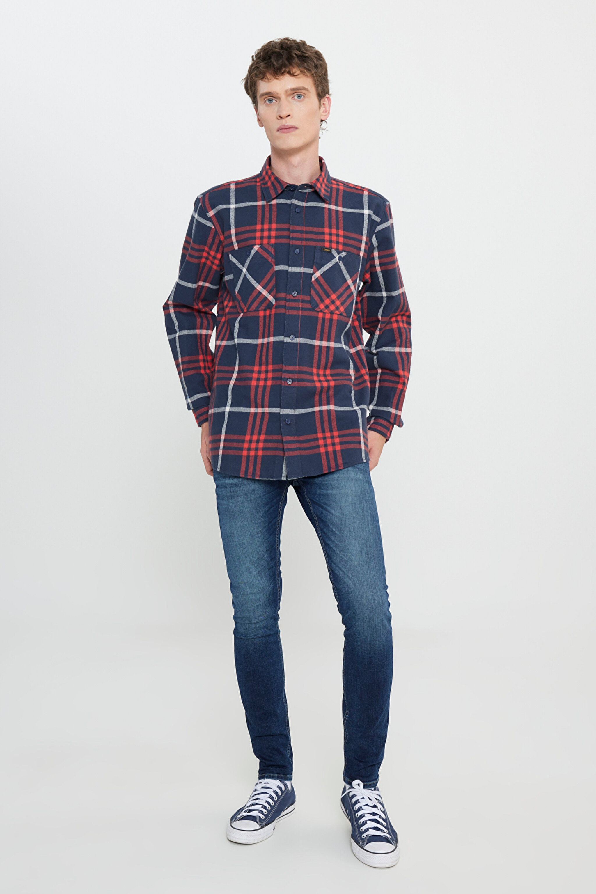 Relaxed Fit Geniş Kesim %100 Pamuk Ekose Gömlek - Rivet Navy-LL316720599 (görsel 3)