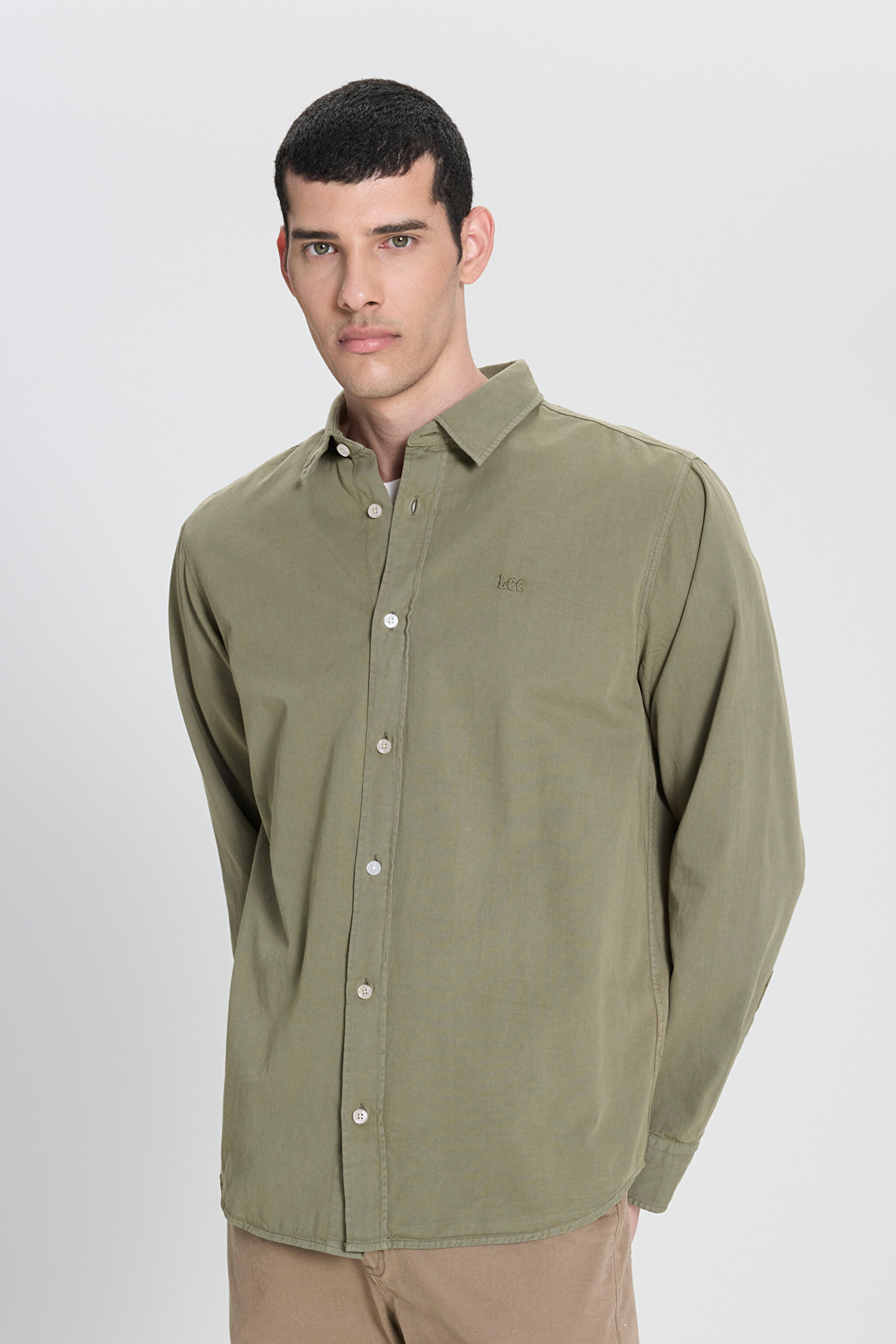 Regular Fit Normal Kesim %100 Pamuk Haki Uzun Kollu Gömlek - Olive Grove-LL37BMA61 (görsel 2)