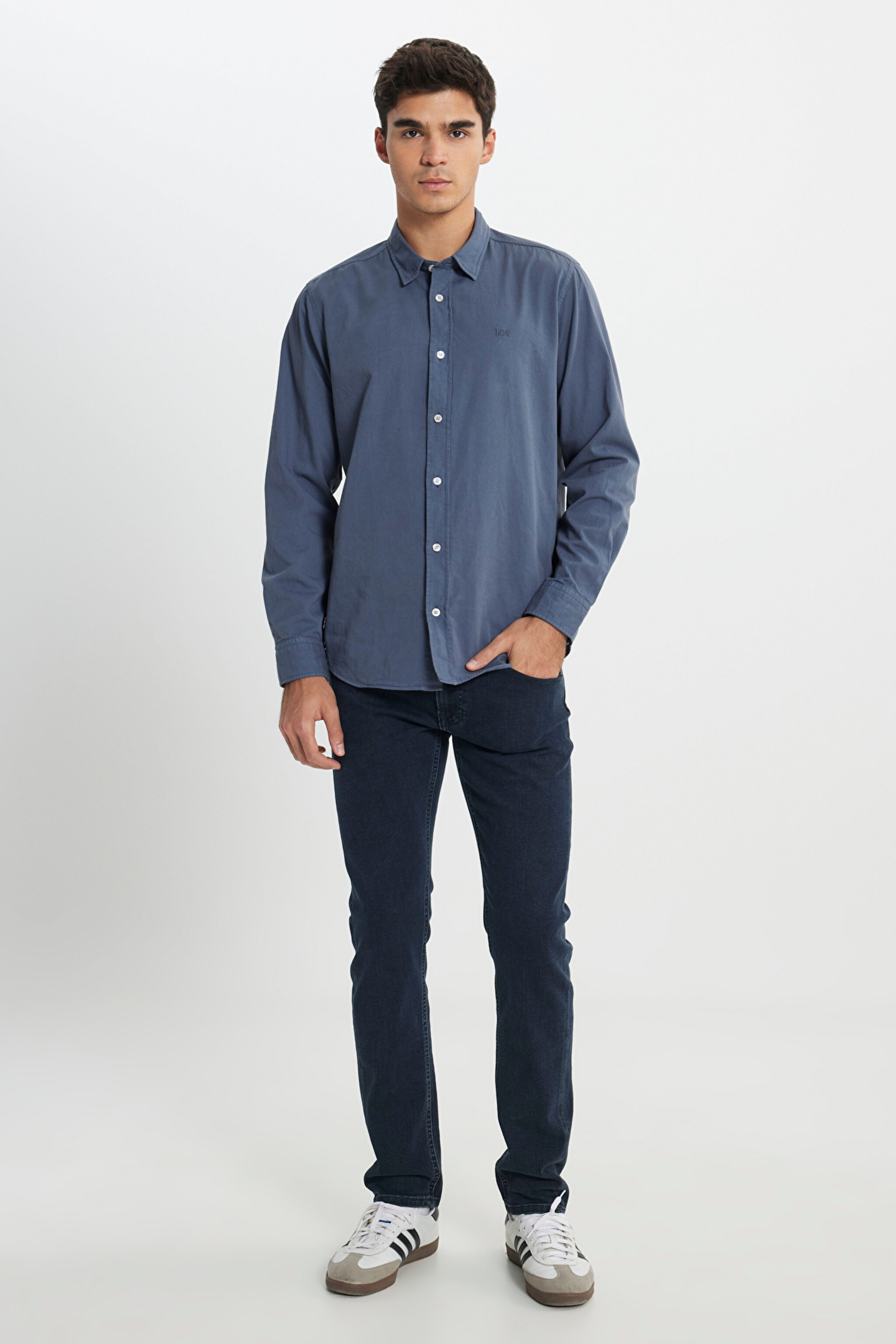Regular Fit Normal Kesim %100 Pamuk Mavi Uzun Kollu Gömlek - Taint Grey-LL37BMA66 (görsel 3)