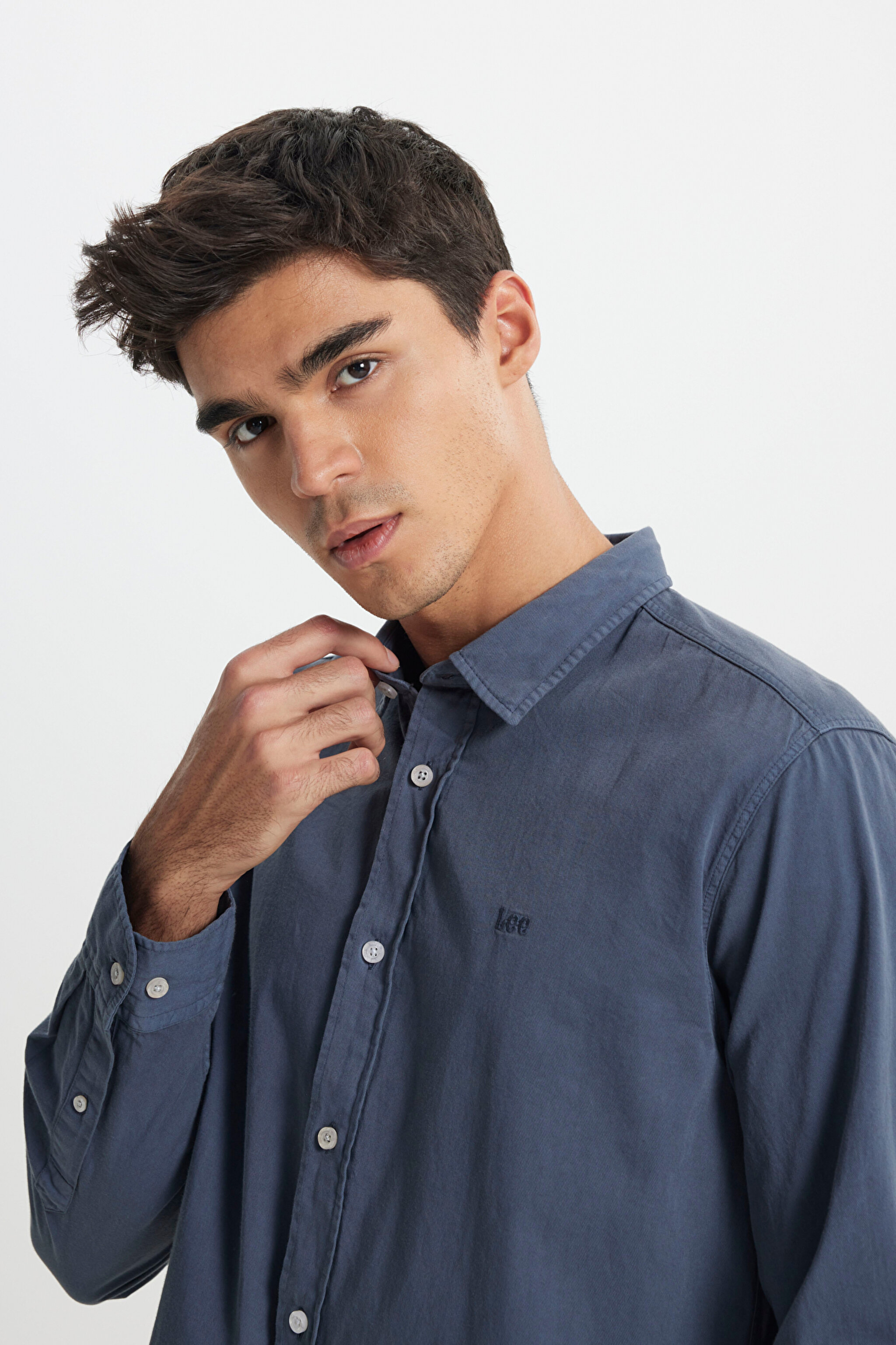 Regular Fit Normal Kesim %100 Pamuk Mavi Uzun Kollu Gömlek - Taint Grey-LL37BMA66 (görsel 4)