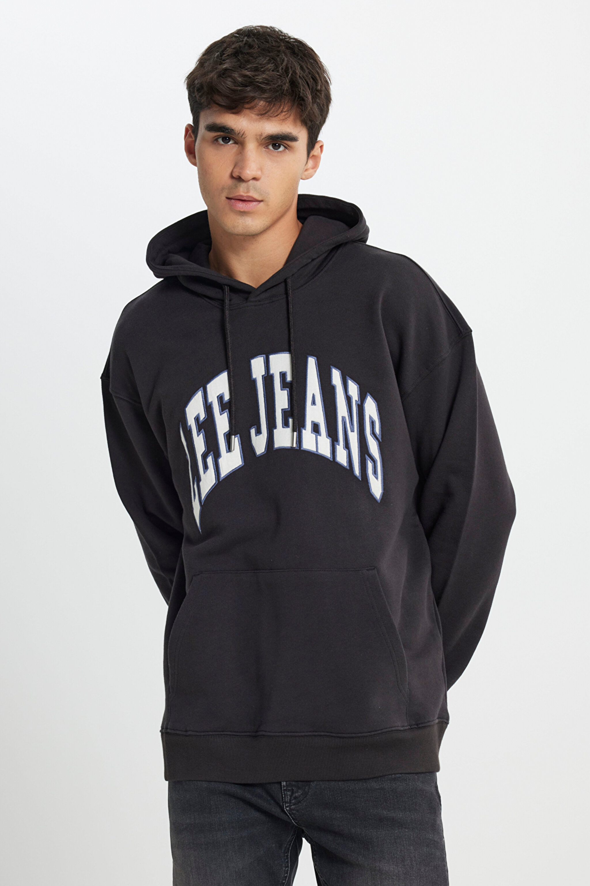Relaxed Fit Geniş Kesim %100 Pamuk Kapüşonlu İçi Polarlı Antrasit Sweatshirt - Washed Black-LL80RFON