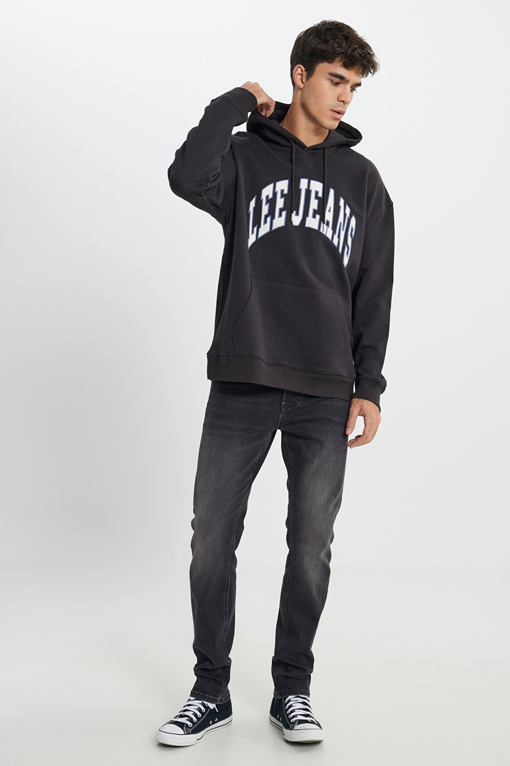 Relaxed Fit Geniş Kesim %100 Pamuk Kapüşonlu İçi Polarlı Antrasit Sweatshirt - Washed Black-LL80RFON (görsel 2)