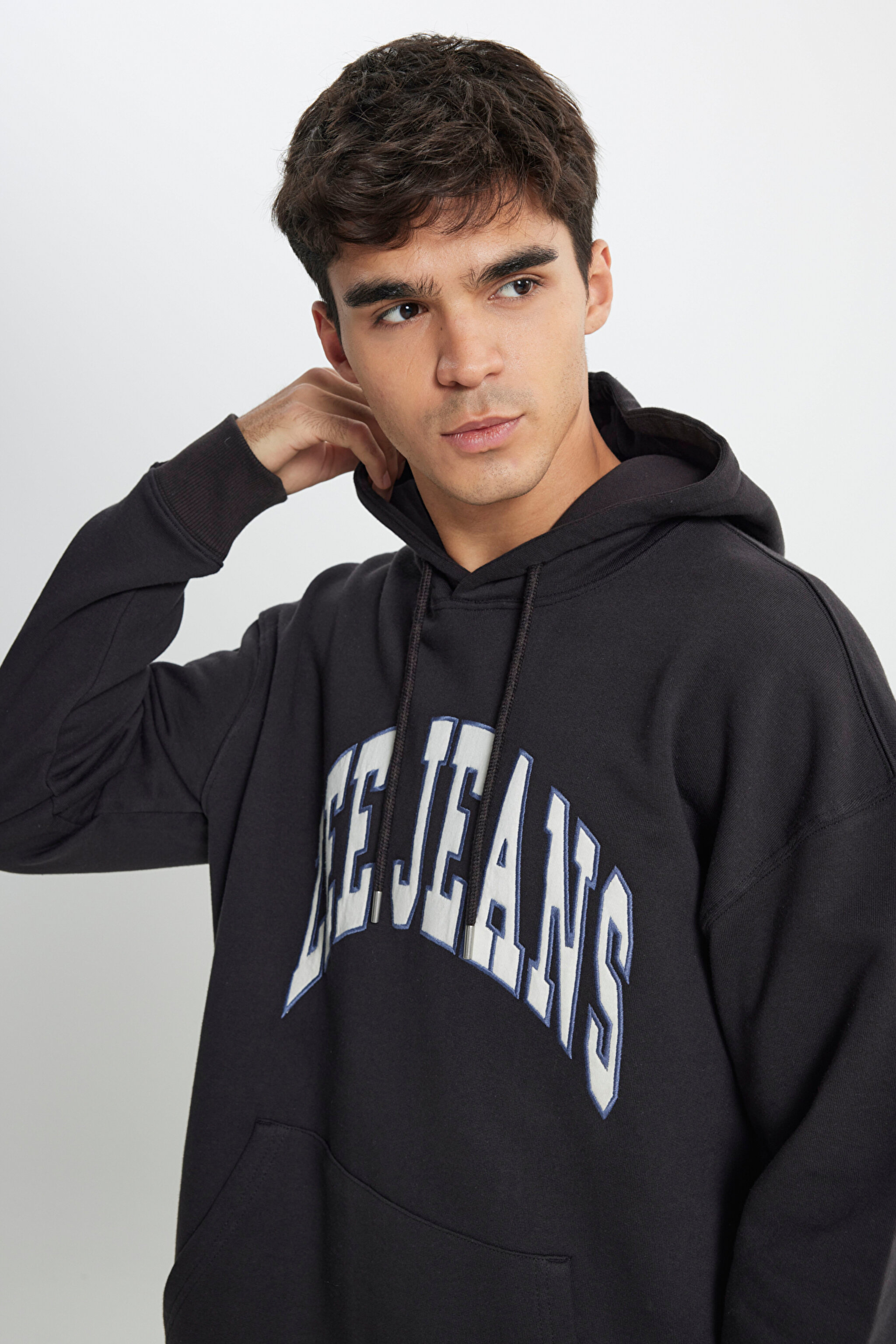 Relaxed Fit Geniş Kesim %100 Pamuk Kapüşonlu İçi Polarlı Antrasit Sweatshirt - Washed Black-LL80RFON (görsel 3)