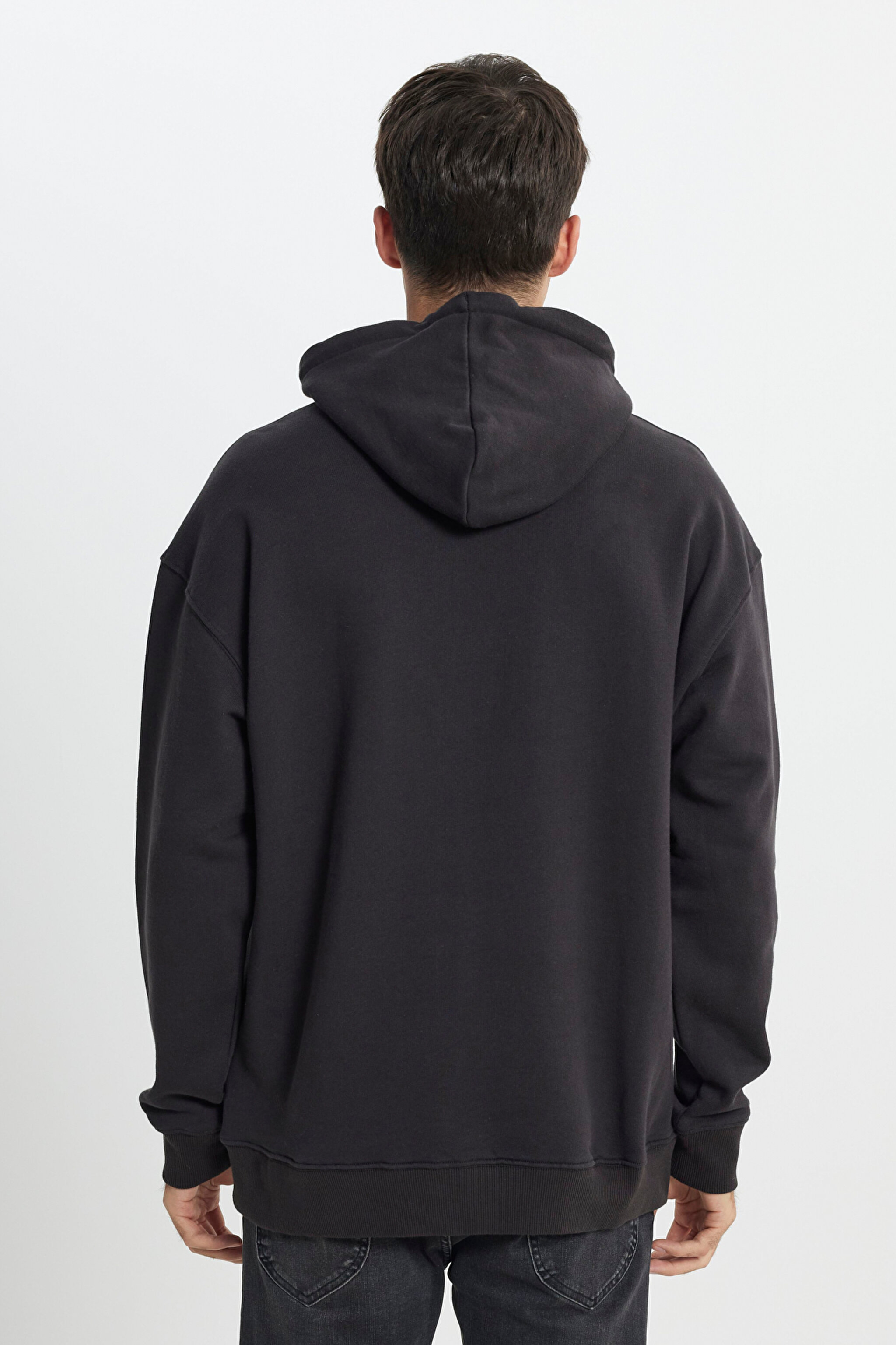 Relaxed Fit Geniş Kesim %100 Pamuk Kapüşonlu İçi Polarlı Antrasit Sweatshirt - Washed Black-LL80RFON (görsel 5)