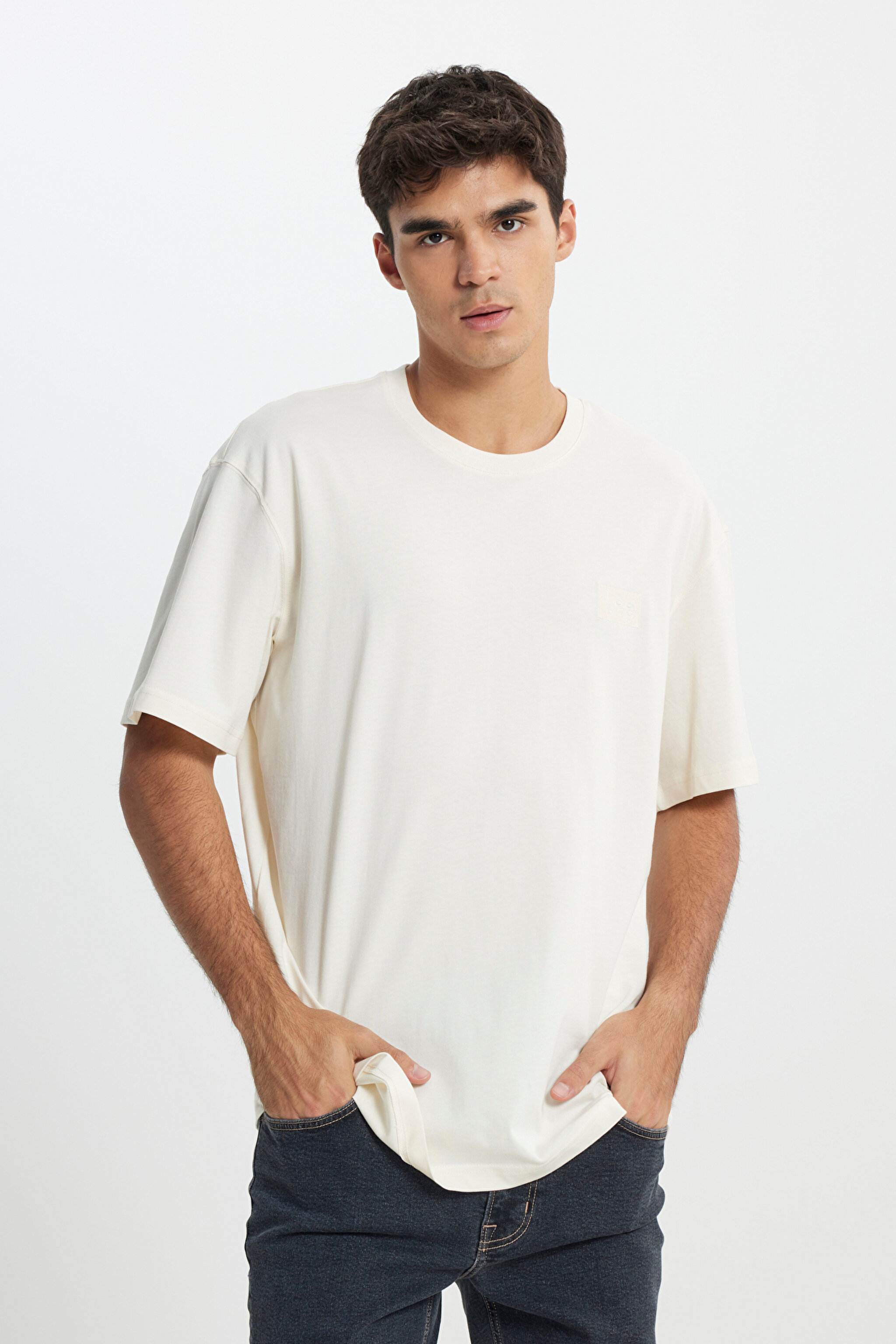 Loose Fit Rahat Kesim %100 Pamuk Bisiklet Yaka Ekru Tişört - Ecru-LL84FUNQ
