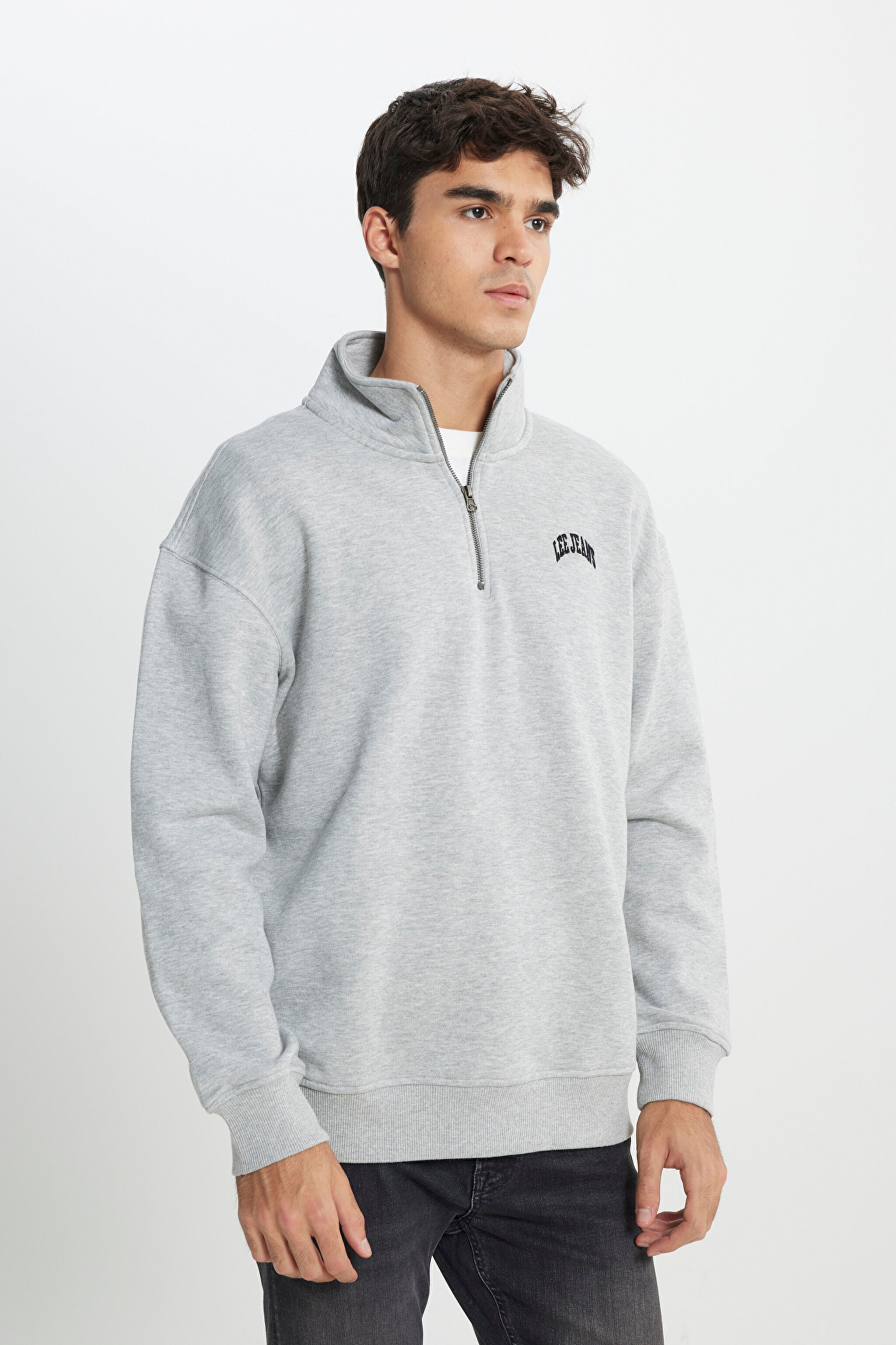 Regular Fit Normal Kesim Dik Yaka Şardonlu Yarım Fermuar Gri Melanj Sweatshirt
