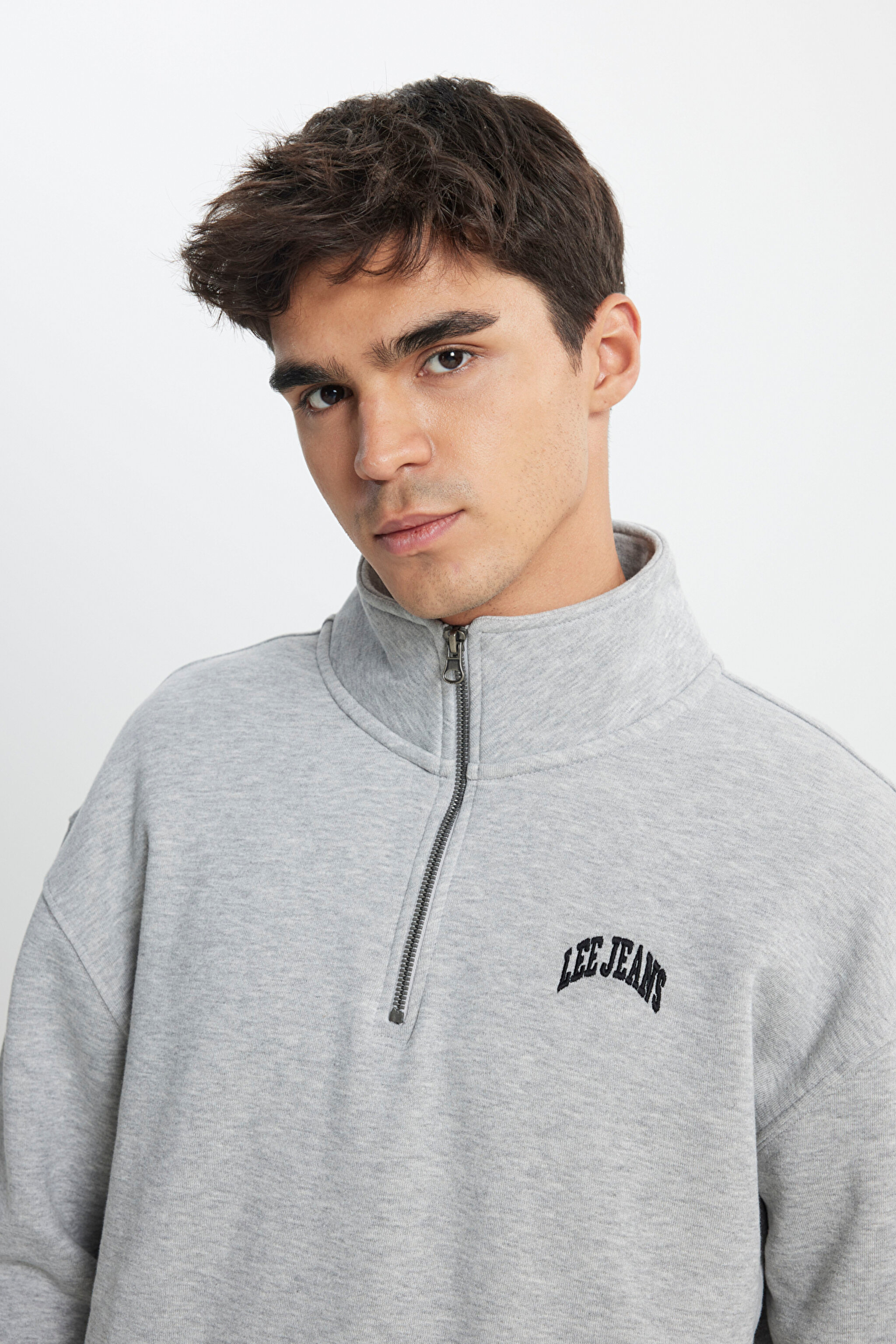 Regular Fit Normal Kesim Dik Yaka Şardonlu Yarım Fermuar Gri Melanj Sweatshirt - Sharp Grey Mele-LL99RF03 (görsel 5)