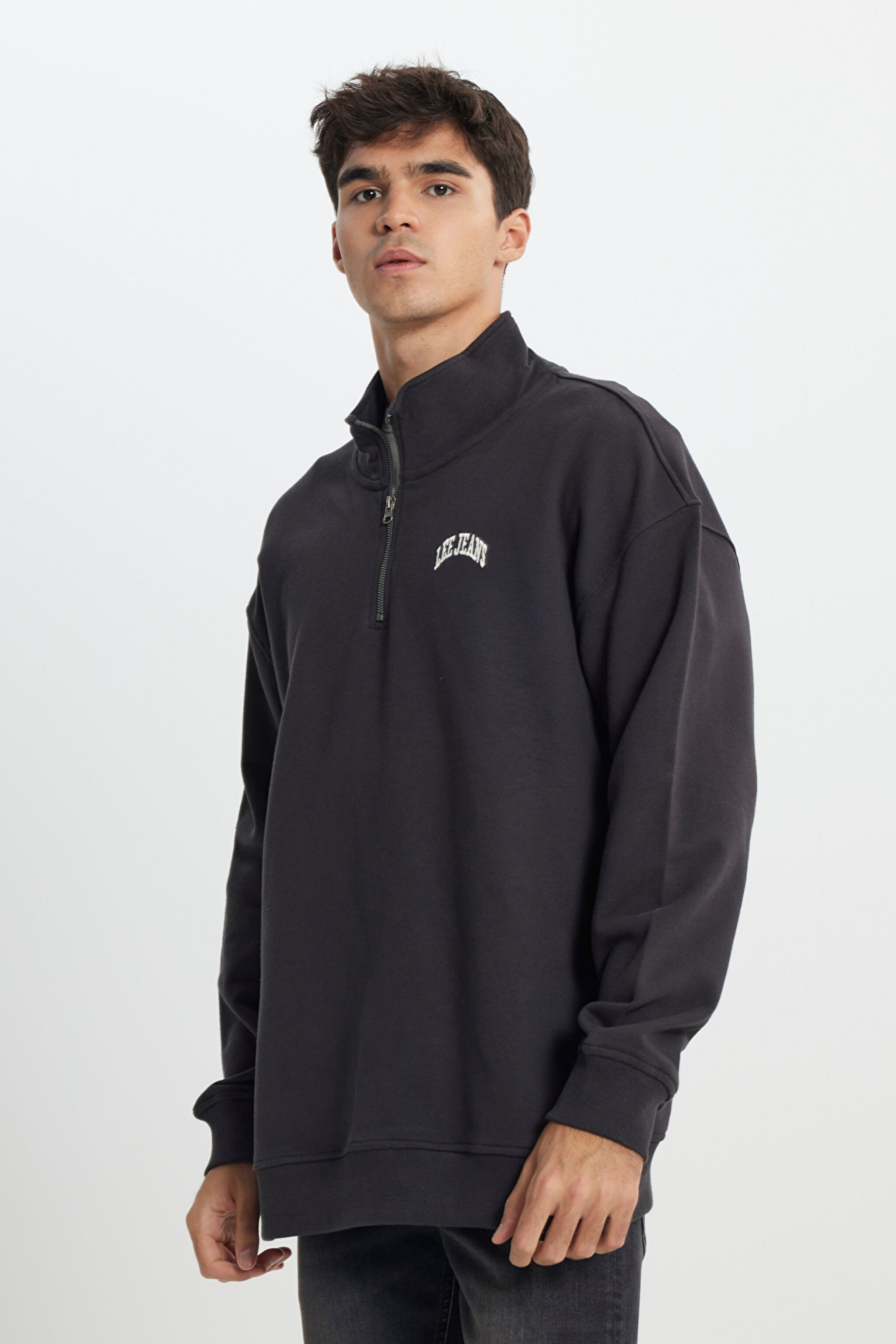 Regular Fit Normal Kesim Dik Yaka Yarım Fermuarlı Şardonlu Antrasit Sweatshirt