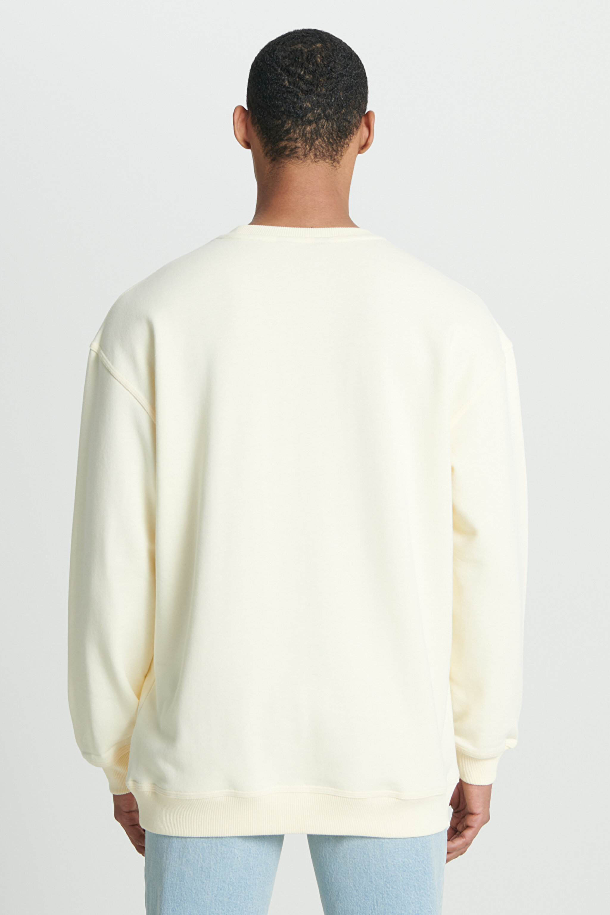 Relaxed Fit Rahat Kesim %100 Pamuk Bisiklet Yaka Şardonlu Ekru Sweatshirt - Ecru-LM01RJNQ (görsel 5)