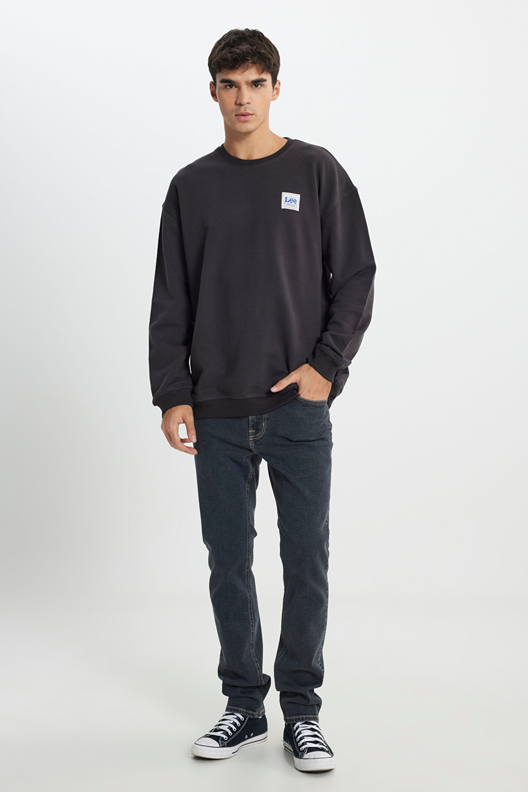 Relaxed Fit Geniş Kesim %100 Pamuk Bisiklet Yaka Şardonlu Antrasit Sweatshirt - Washed Black-LM01RJON (görsel 2)
