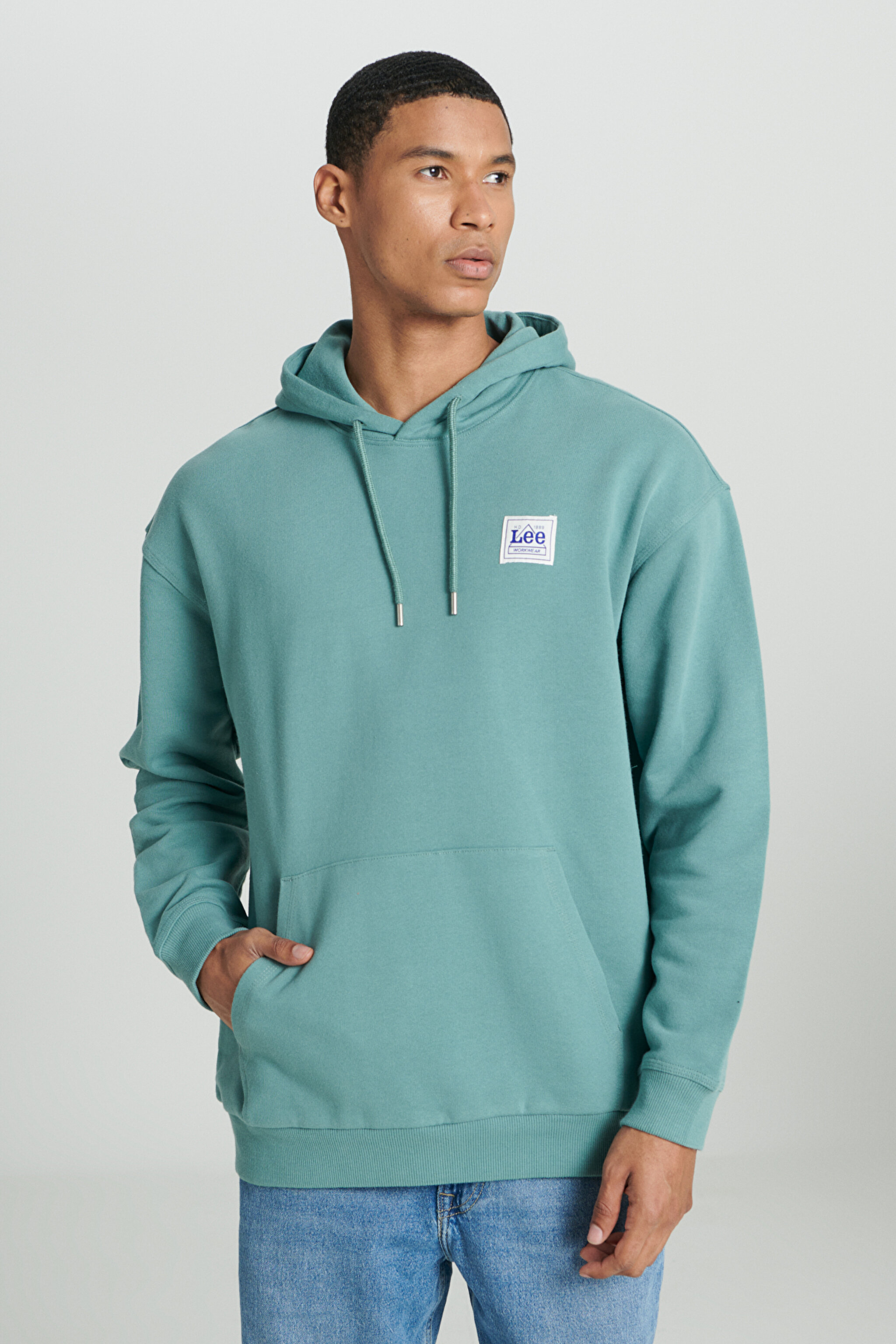 Loose Fit Rahat Kesim %100 Pamuk Kapüşonlu Şardonlu Mint Yeşili Sweatshirt - Petrol-LM02RJ405