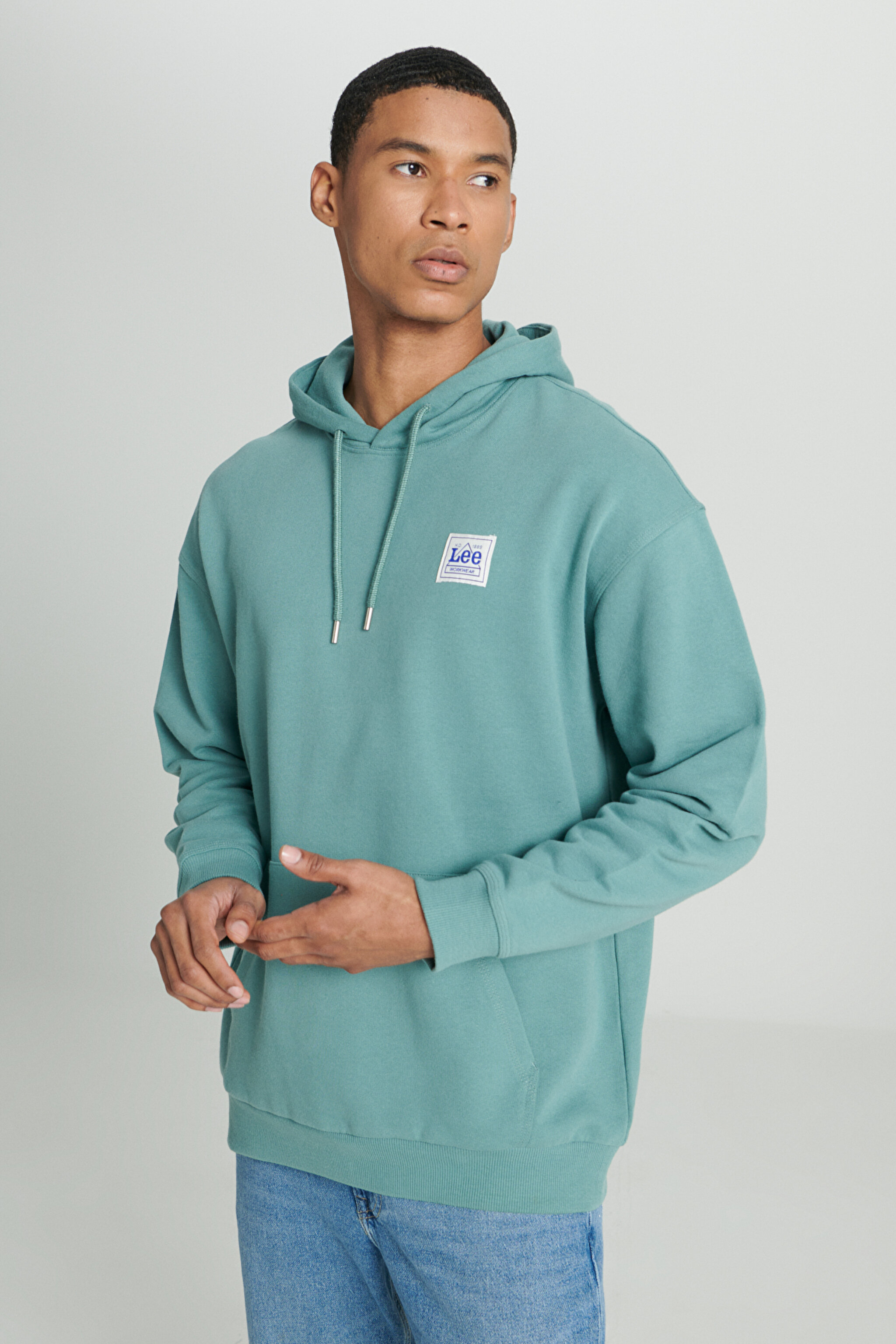 Loose Fit Rahat Kesim %100 Pamuk Kapüşonlu Şardonlu Mint Yeşili Sweatshirt - Petrol-LM02RJ405 (görsel 3)