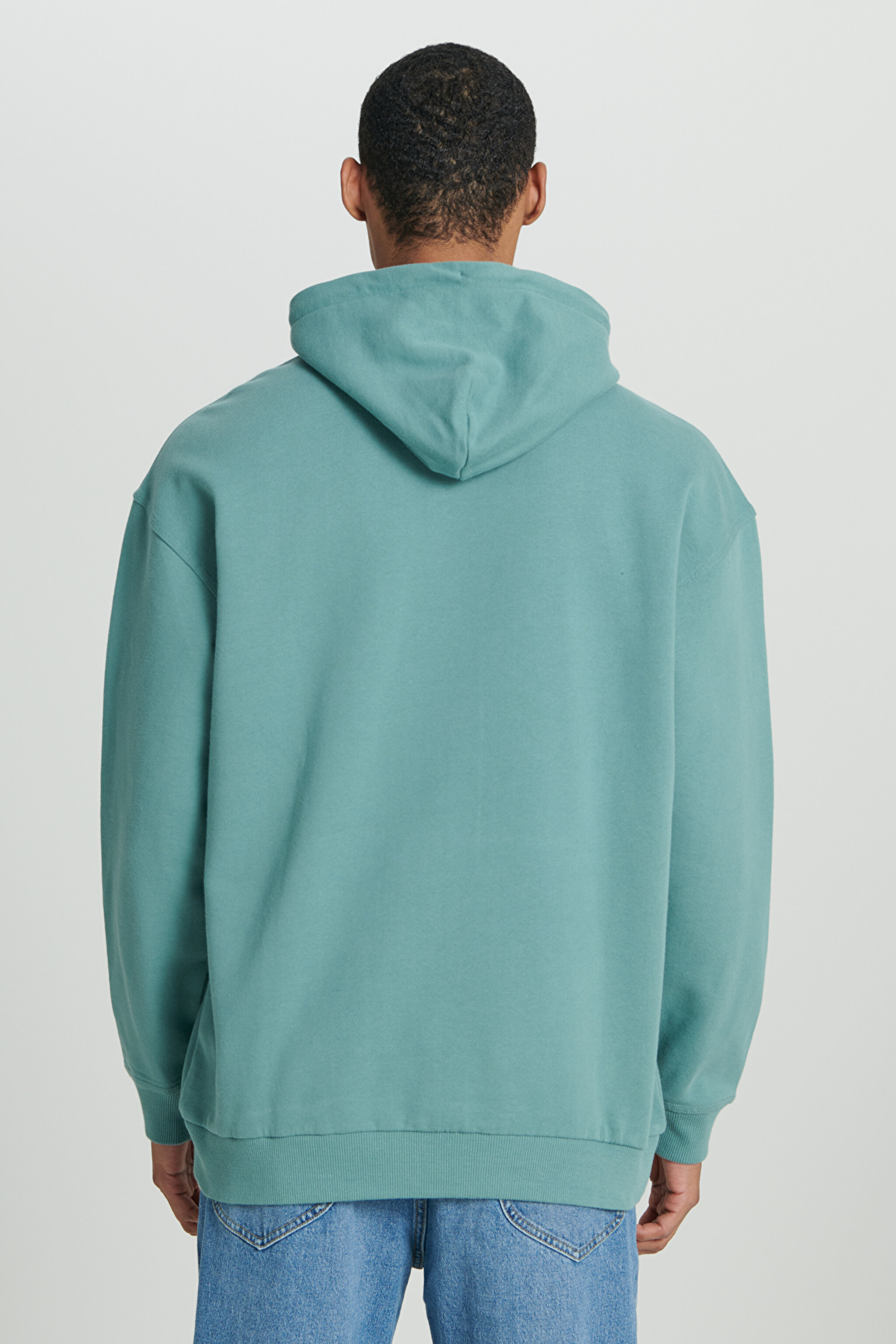 Loose Fit Rahat Kesim %100 Pamuk Kapüşonlu Şardonlu Mint Yeşili Sweatshirt - Petrol-LM02RJ405 (görsel 6)