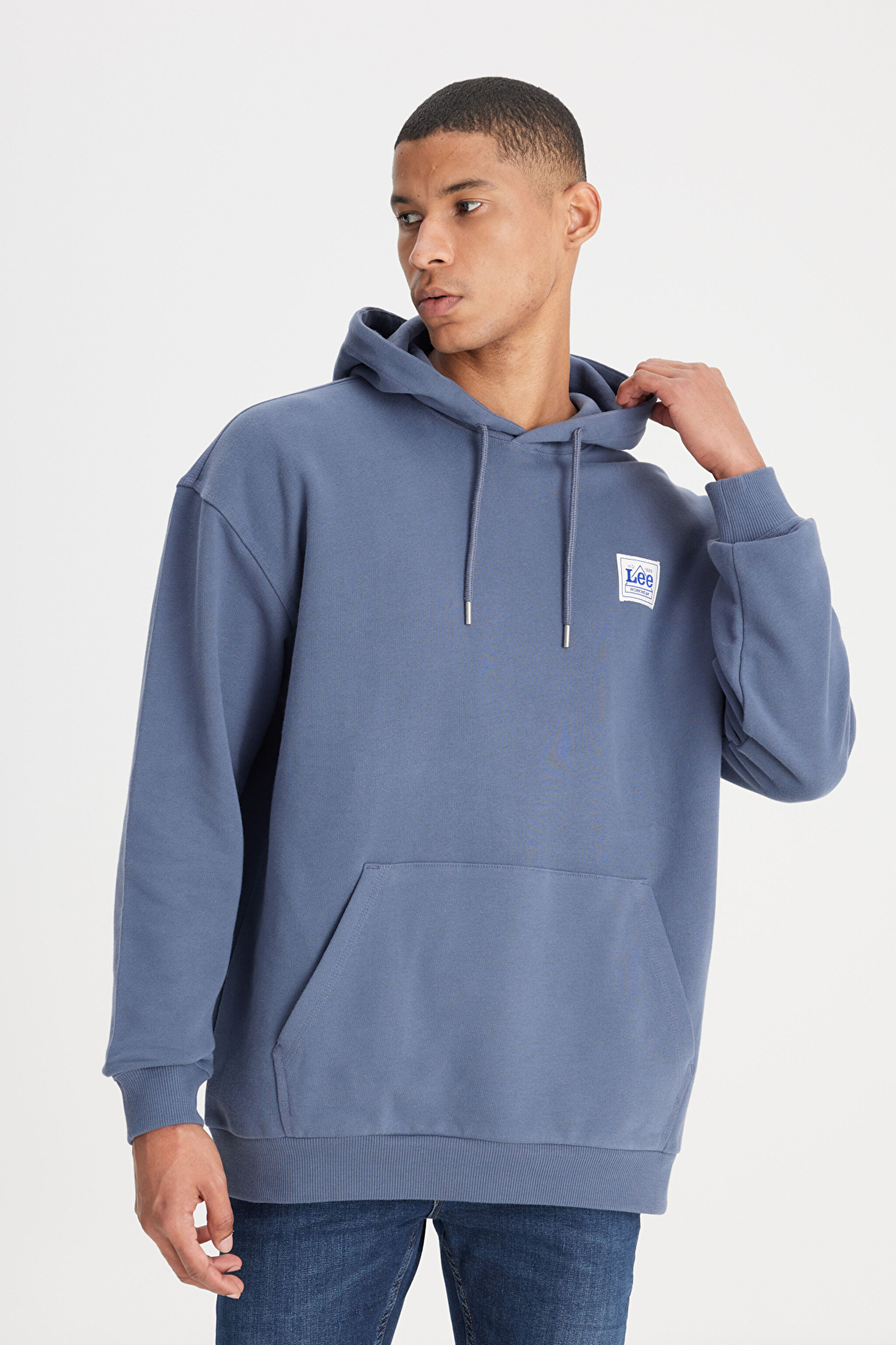 Loose Fit Rahat Kesim %100 Pamuk Kapüşonlu Şardonlu İndigo Sweatshirt - Taint Grey-LM02RJA66 (görsel 2)