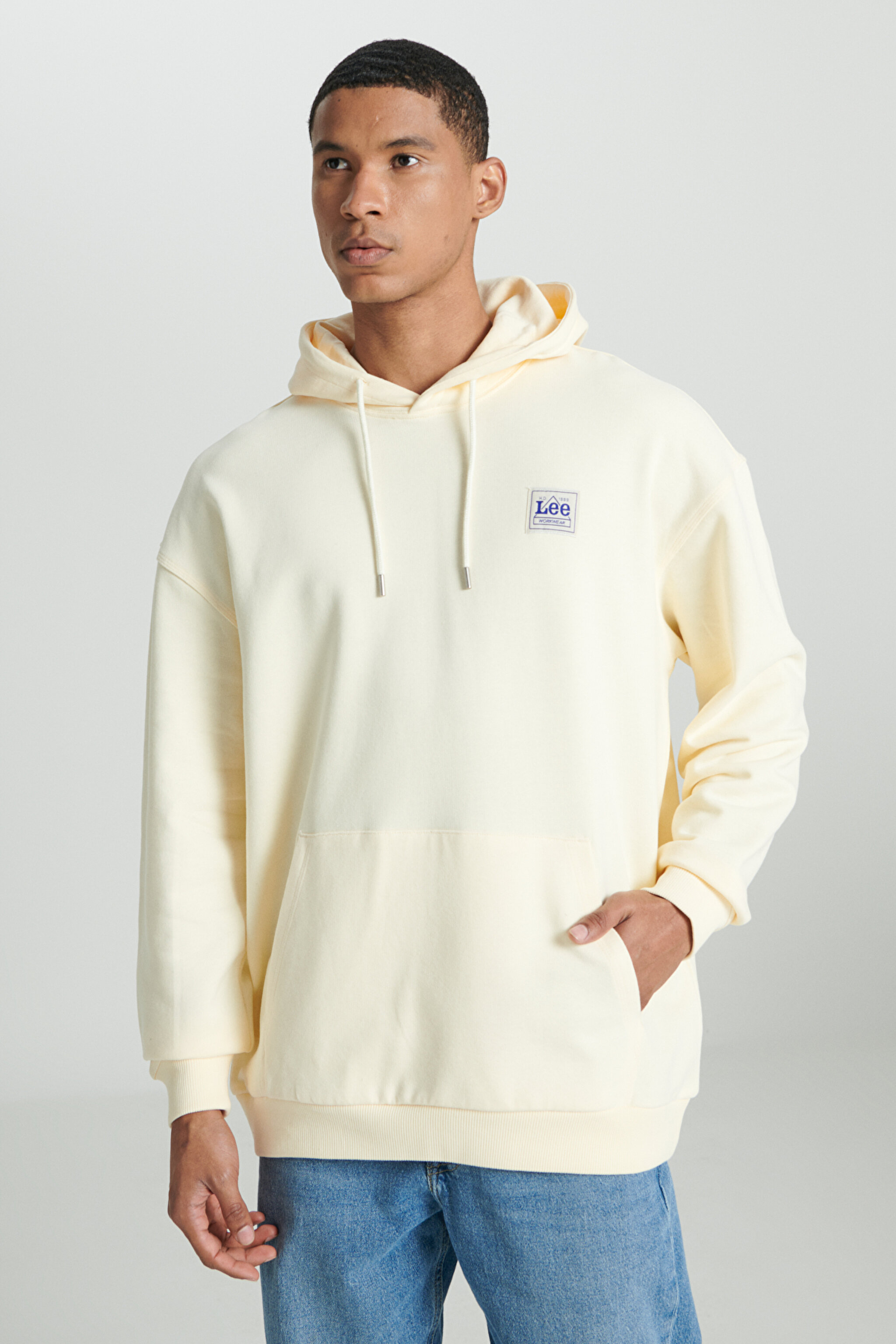 Loose Fit Rahat Kesim %100 Pamuk Kapüşonlu Şardonlu Ekru Sweatshirt - Ecru-LM02RJNQ (görsel 2)
