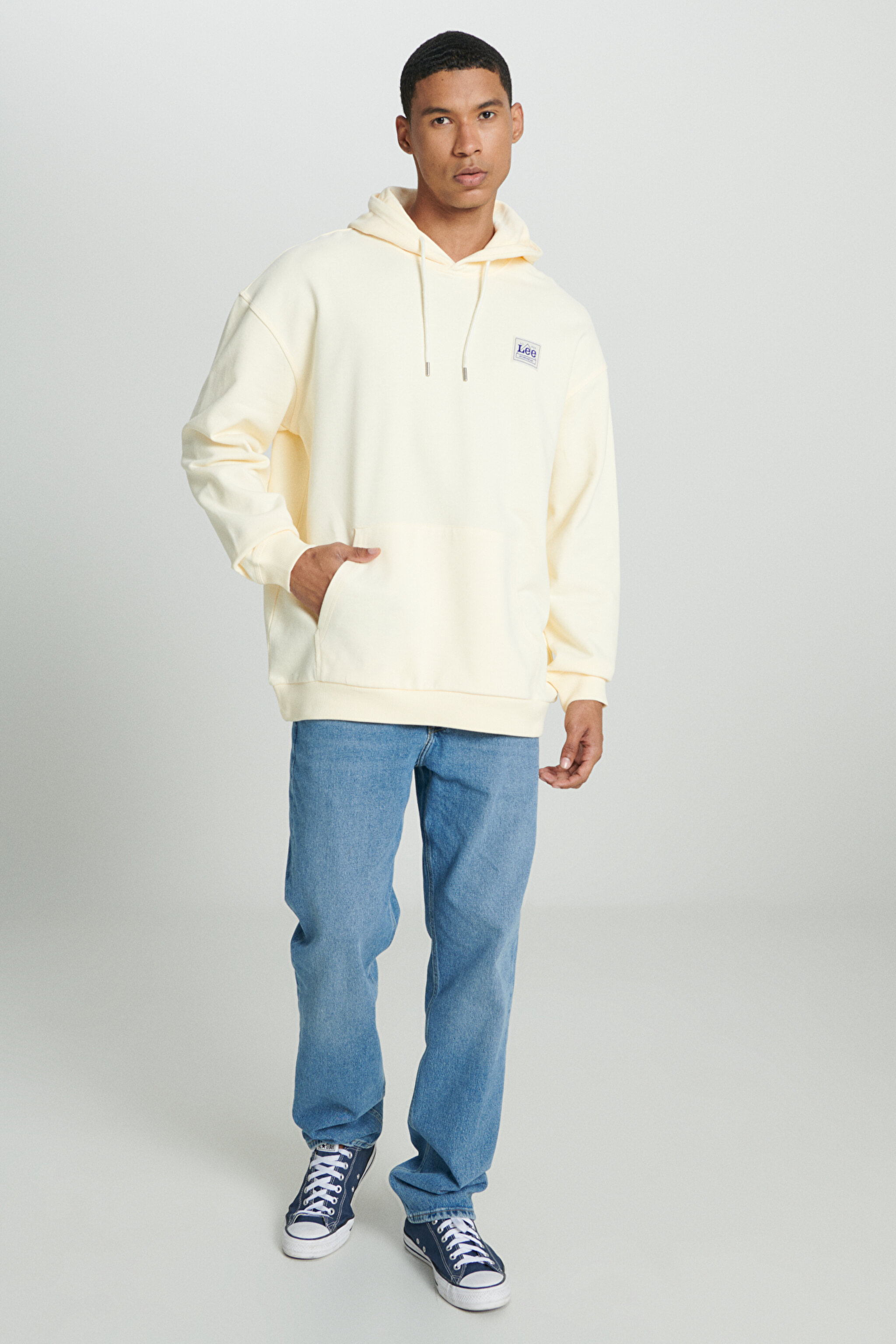 Loose Fit Rahat Kesim %100 Pamuk Kapüşonlu Şardonlu Ekru Sweatshirt - Ecru-LM02RJNQ (görsel 3)