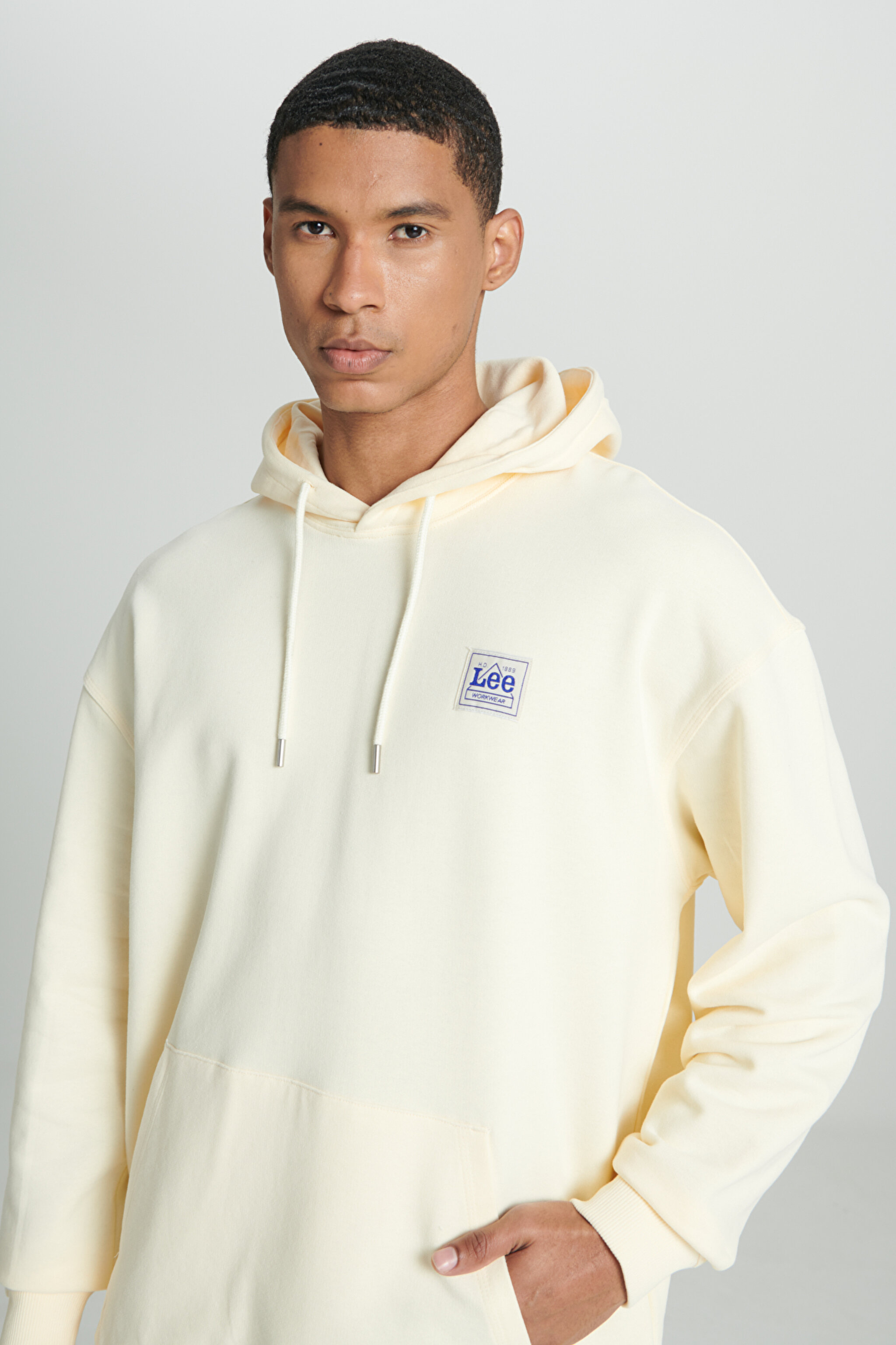 Loose Fit Rahat Kesim %100 Pamuk Kapüşonlu Şardonlu Ekru Sweatshirt - Ecru-LM02RJNQ (görsel 4)