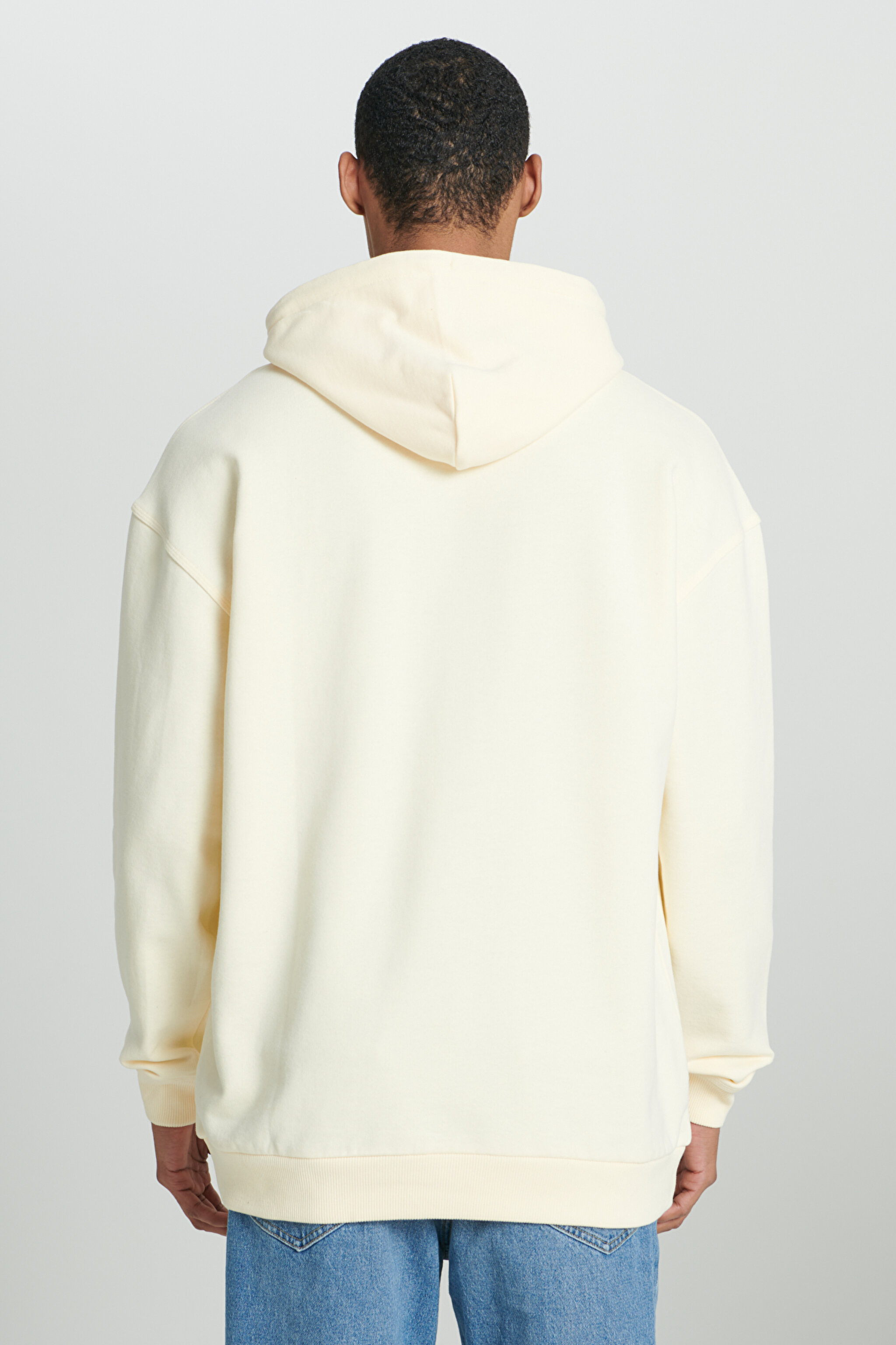 Loose Fit Rahat Kesim %100 Pamuk Kapüşonlu Şardonlu Ekru Sweatshirt - Ecru-LM02RJNQ (görsel 5)