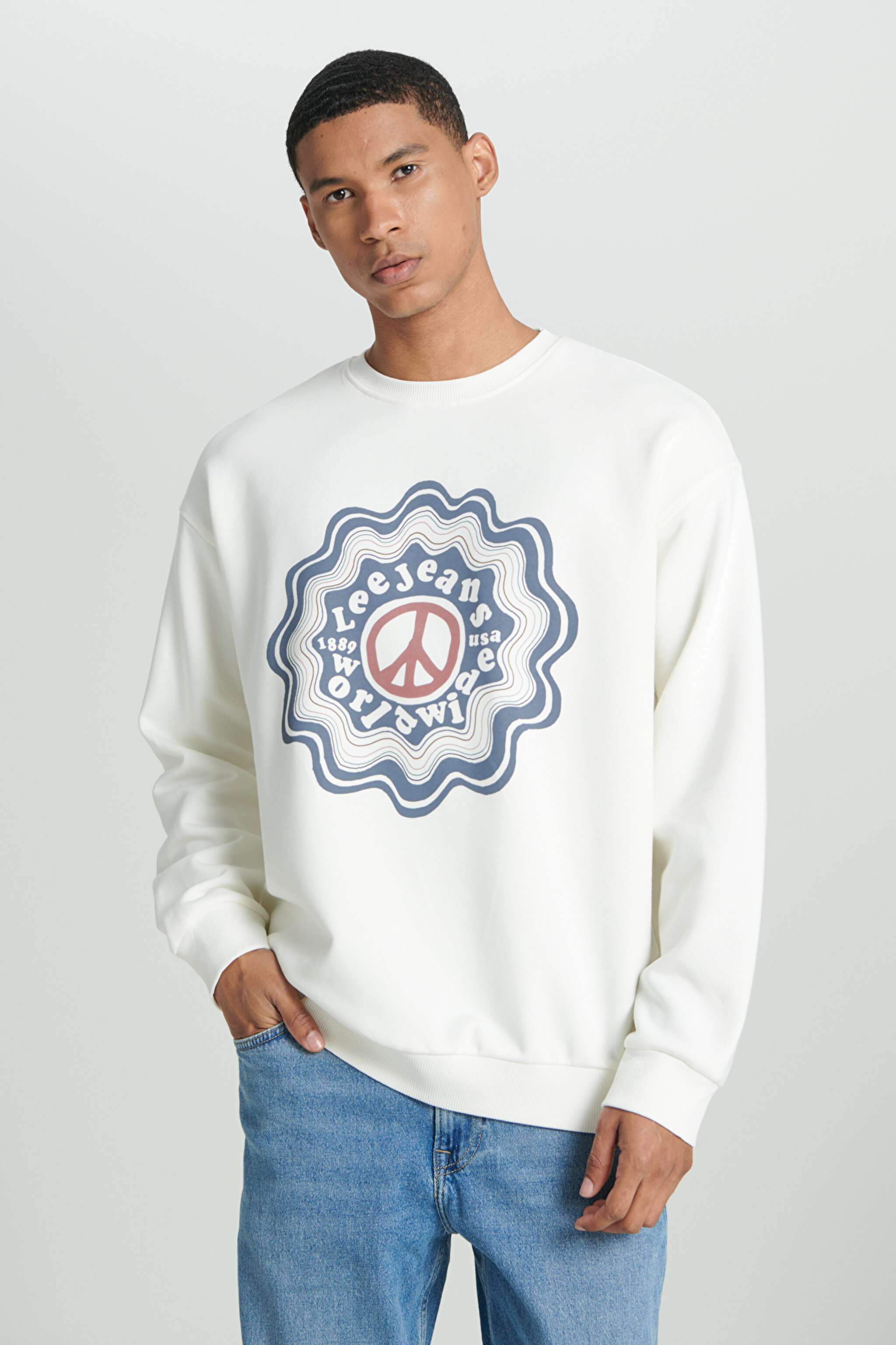 Relaxed Fit Geniş Kesim Bisiklet Yaka İçi Polarlı Ekru Sweatshirt