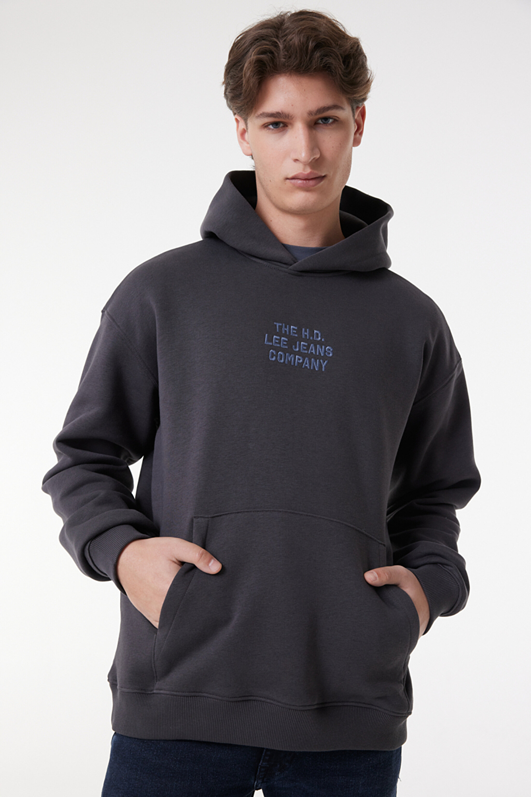 Relaxed Fit Geniş Kesim Kapüşonlu İçi Polarlı Sırt Baskılı Antrasit Sweatshirt