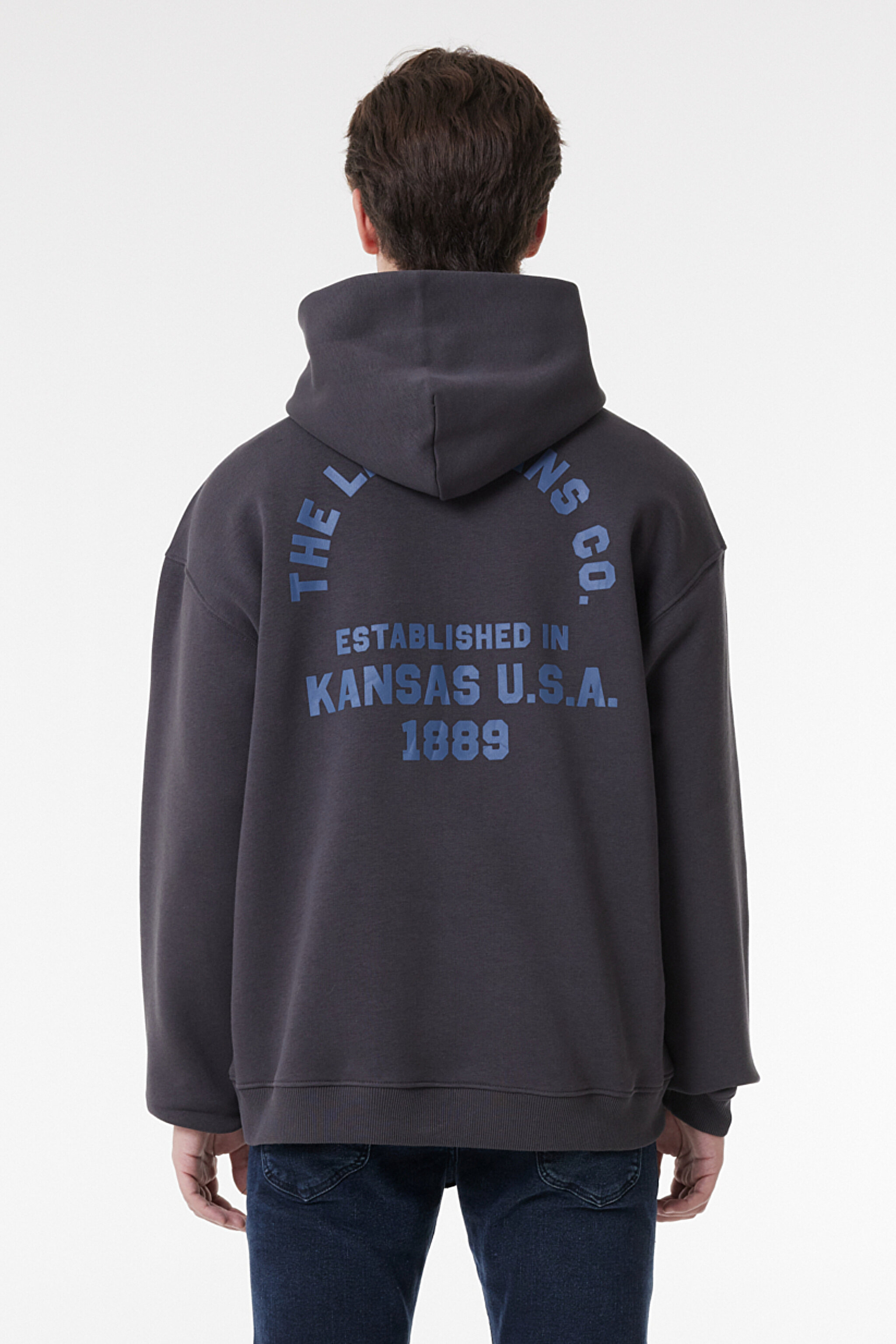 Relaxed Fit Geniş Kesim Kapüşonlu İçi Polarlı Sırt Baskılı Antrasit Sweatshirt - Washed Black-LM05RHON (görsel 5)