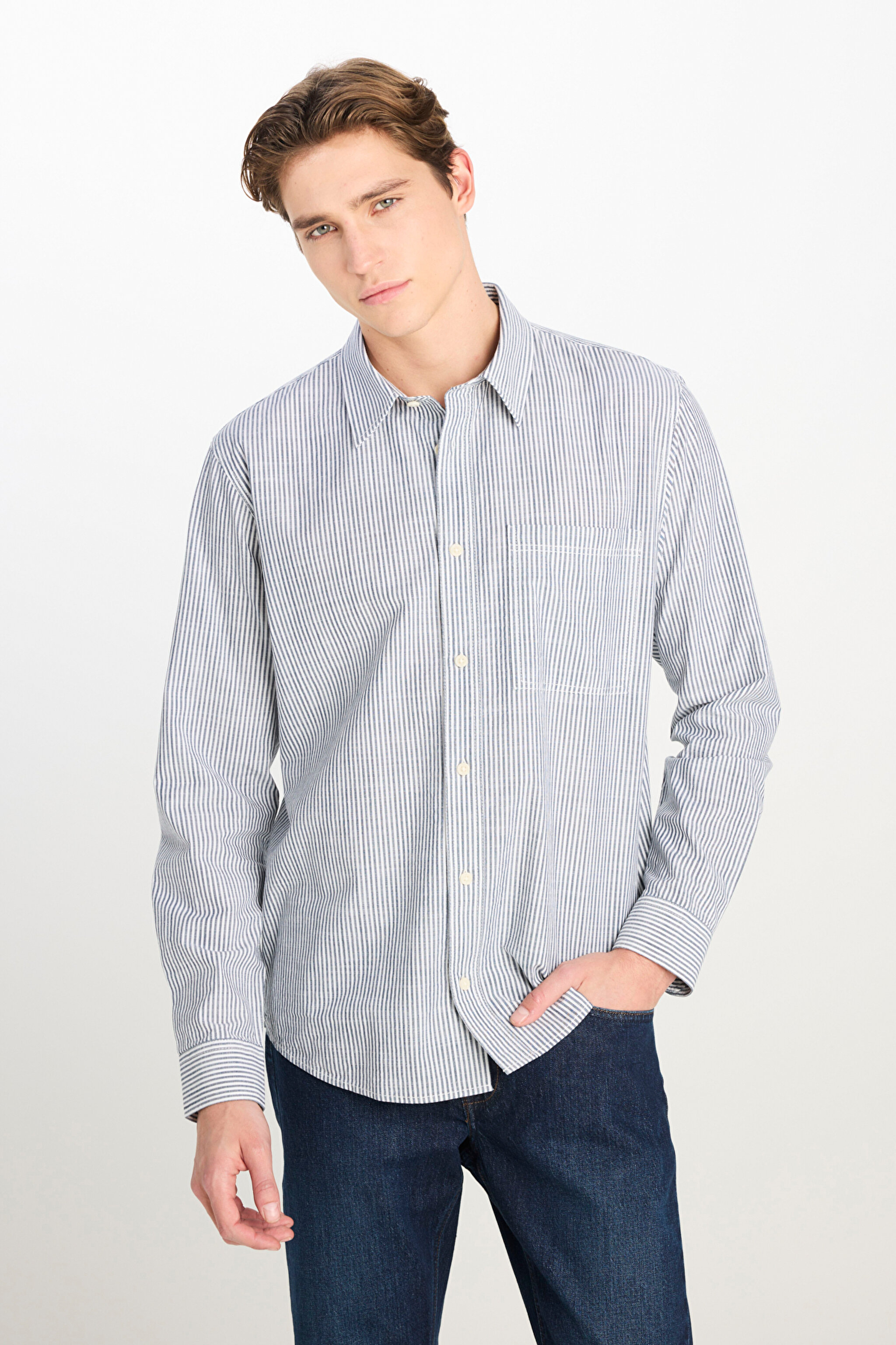 %100 Pamuk Relaxed Fit Geniş Kesim Çizgili Ekru Gömlek - Ecru-LM726855543