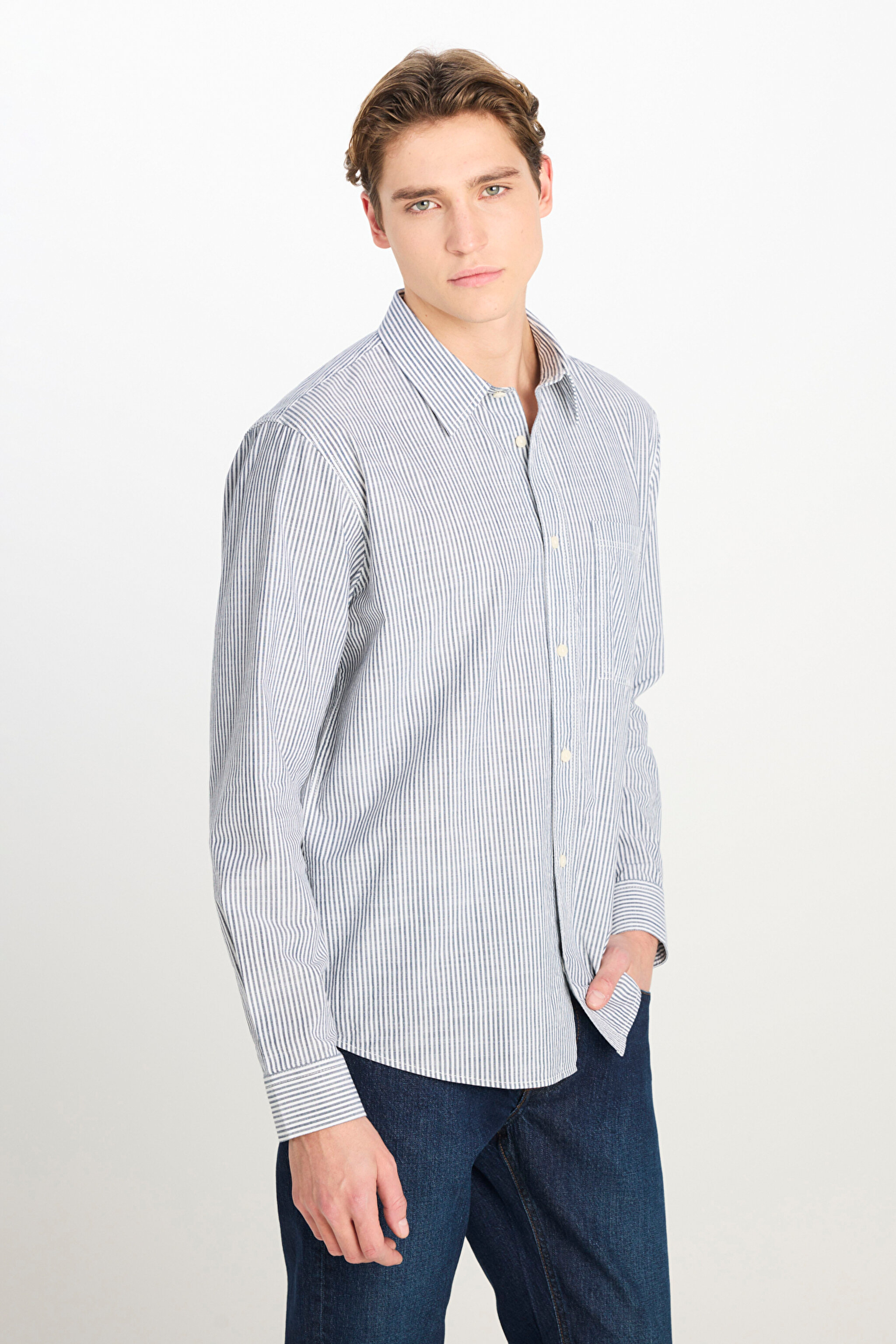 %100 Pamuk Relaxed Fit Geniş Kesim Çizgili Ekru Gömlek - Ecru-LM726855543 (görsel 2)