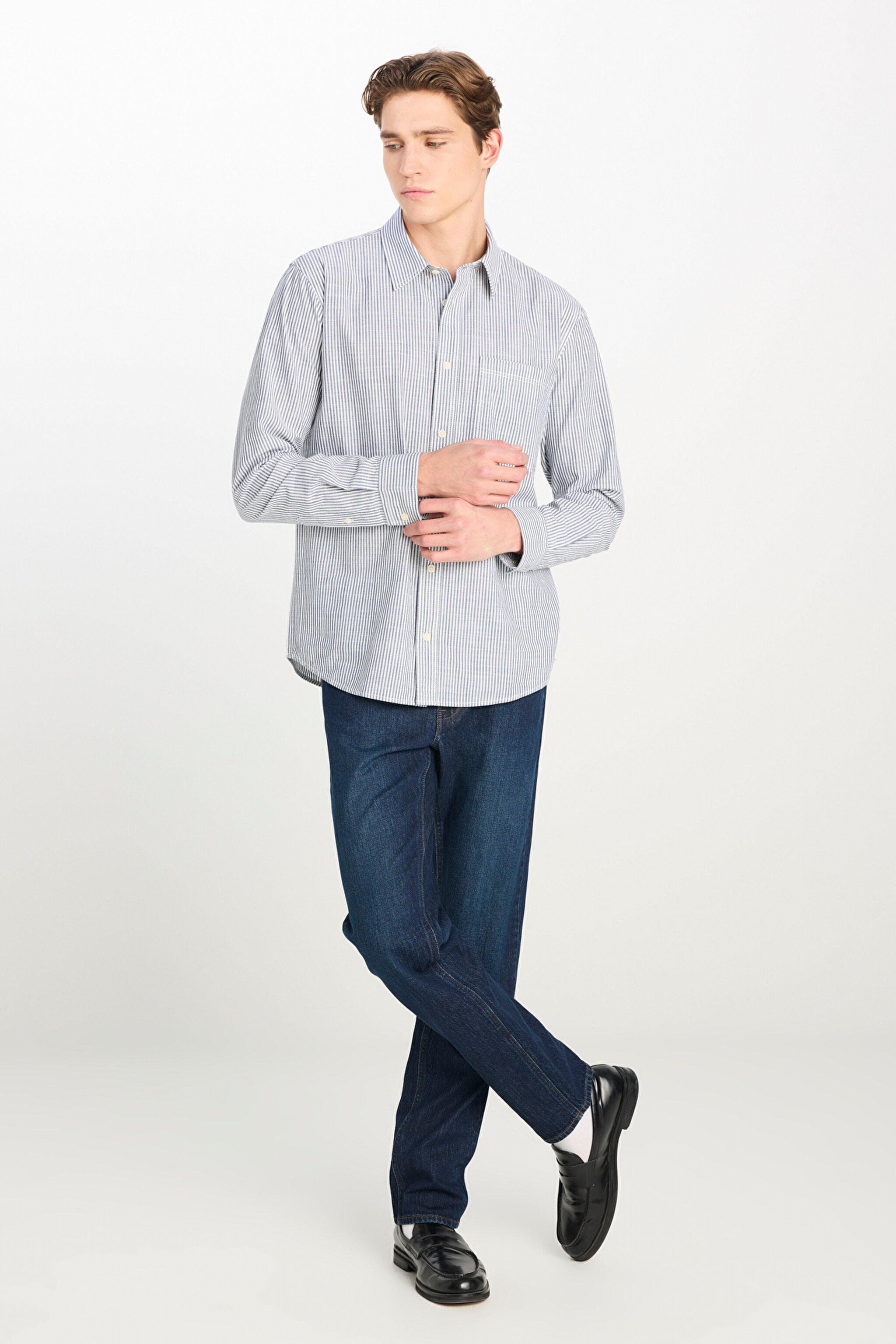 %100 Pamuk Relaxed Fit Geniş Kesim Çizgili Ekru Gömlek - Ecru-LM726855543 (görsel 3)