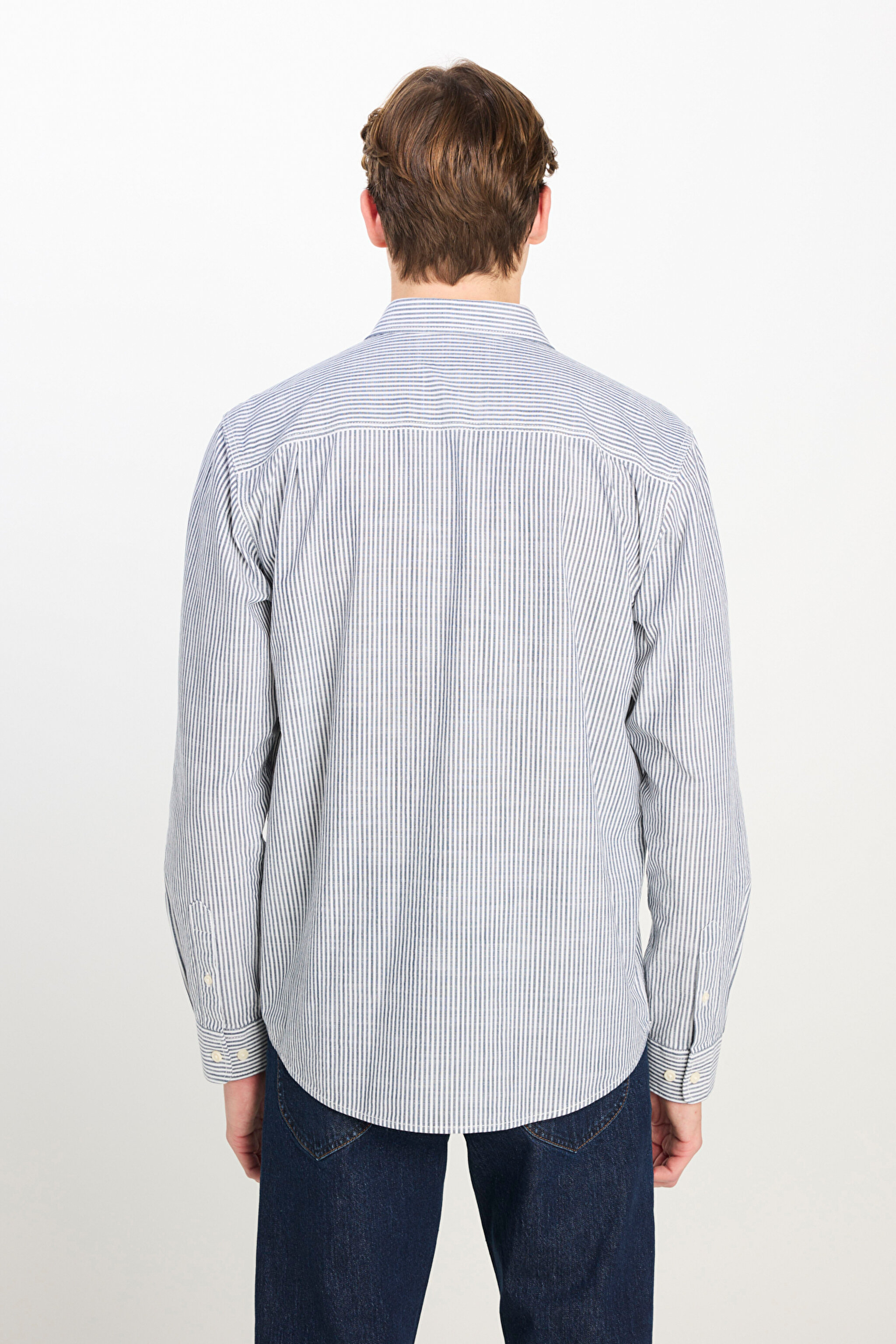 %100 Pamuk Relaxed Fit Geniş Kesim Çizgili Ekru Gömlek - Ecru-LM726855543 (görsel 5)