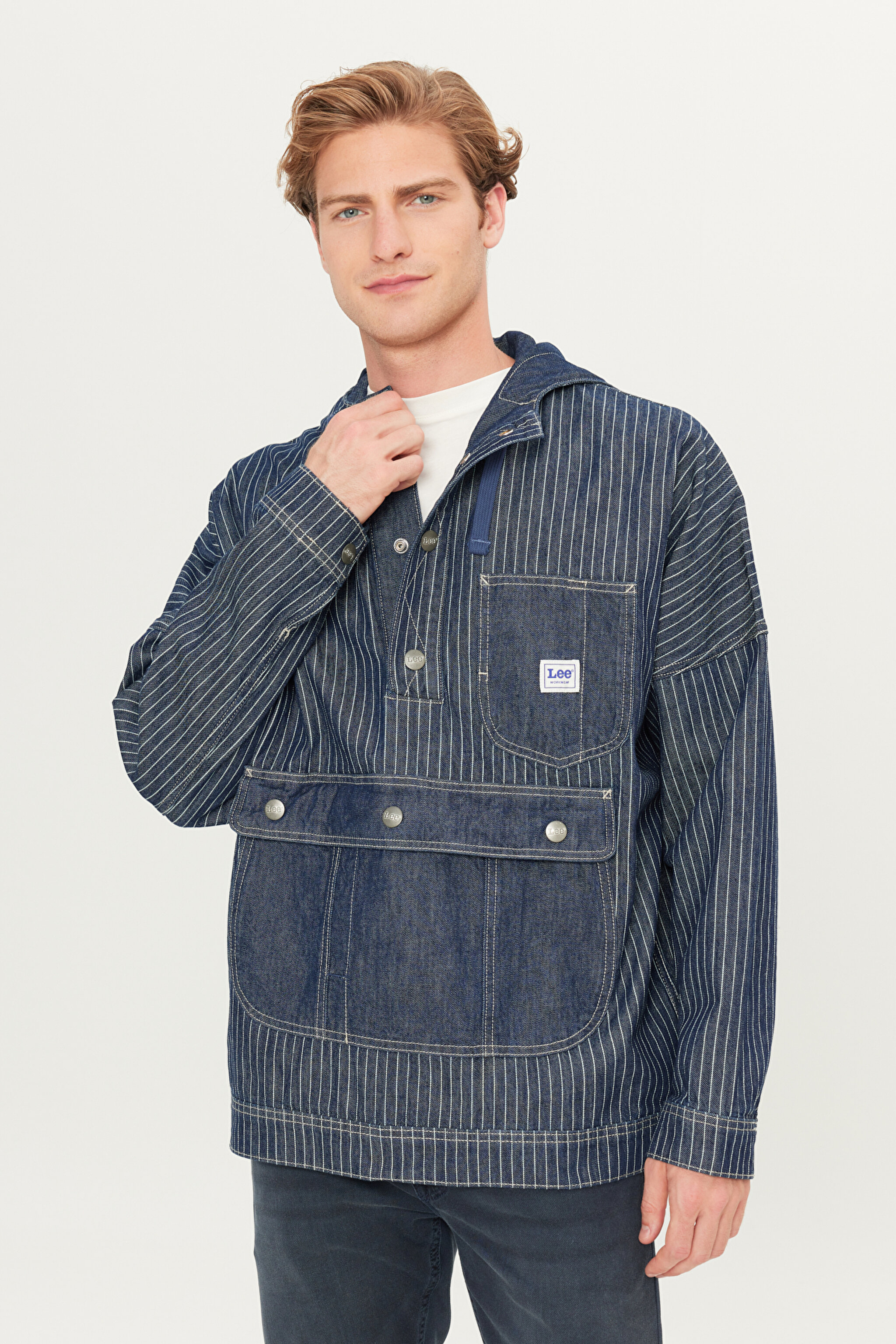 %100 Pamuk Relaxed Fit Geniş Kesim Kapüşonlu Koyu Mavi Denim Jean Ceket