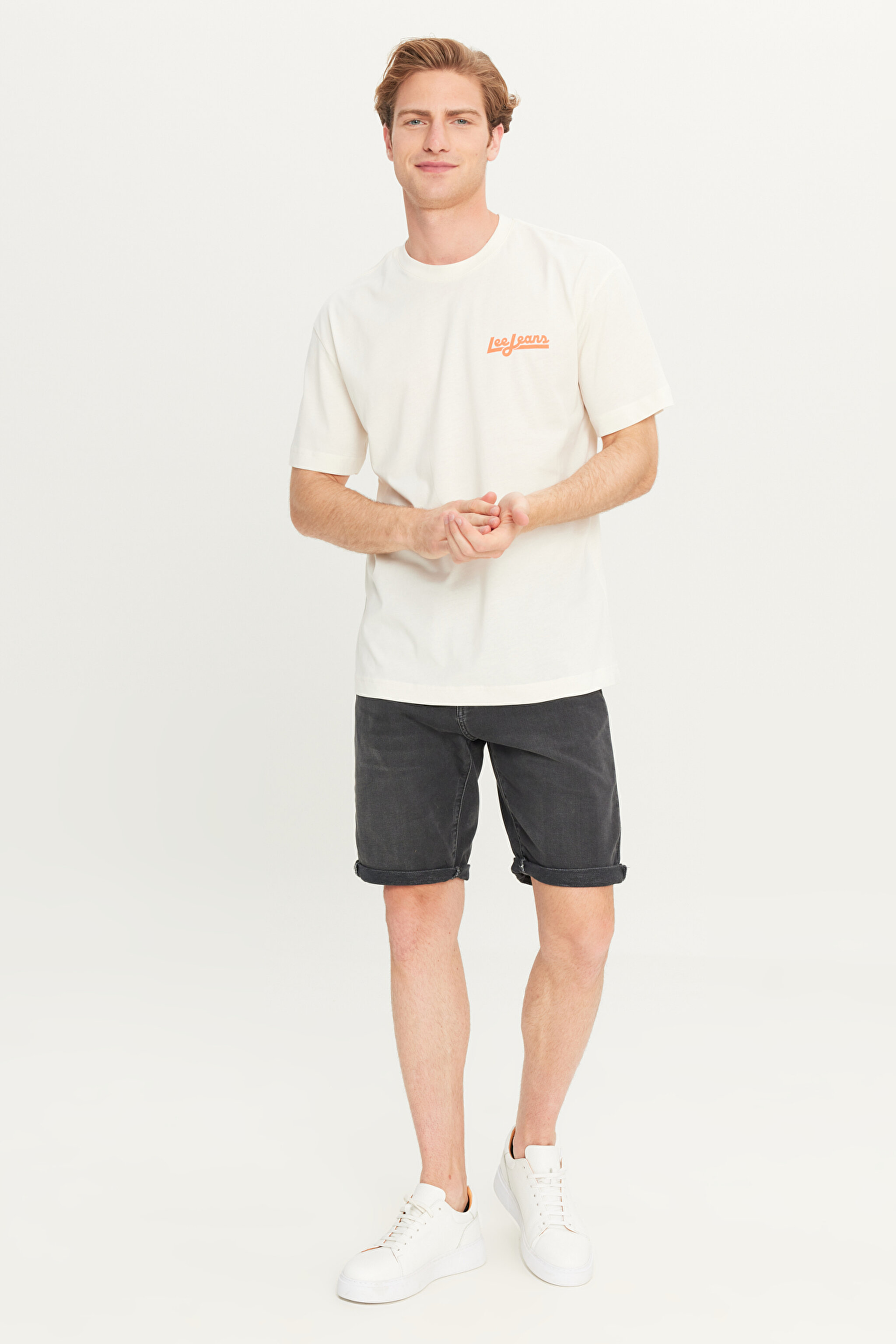%100 Pamuk Relaxed Fit Geniş Kesim Bisiklet Yaka Basklı Ekru Tişört - Ecru-LM828731543 (görsel 3)