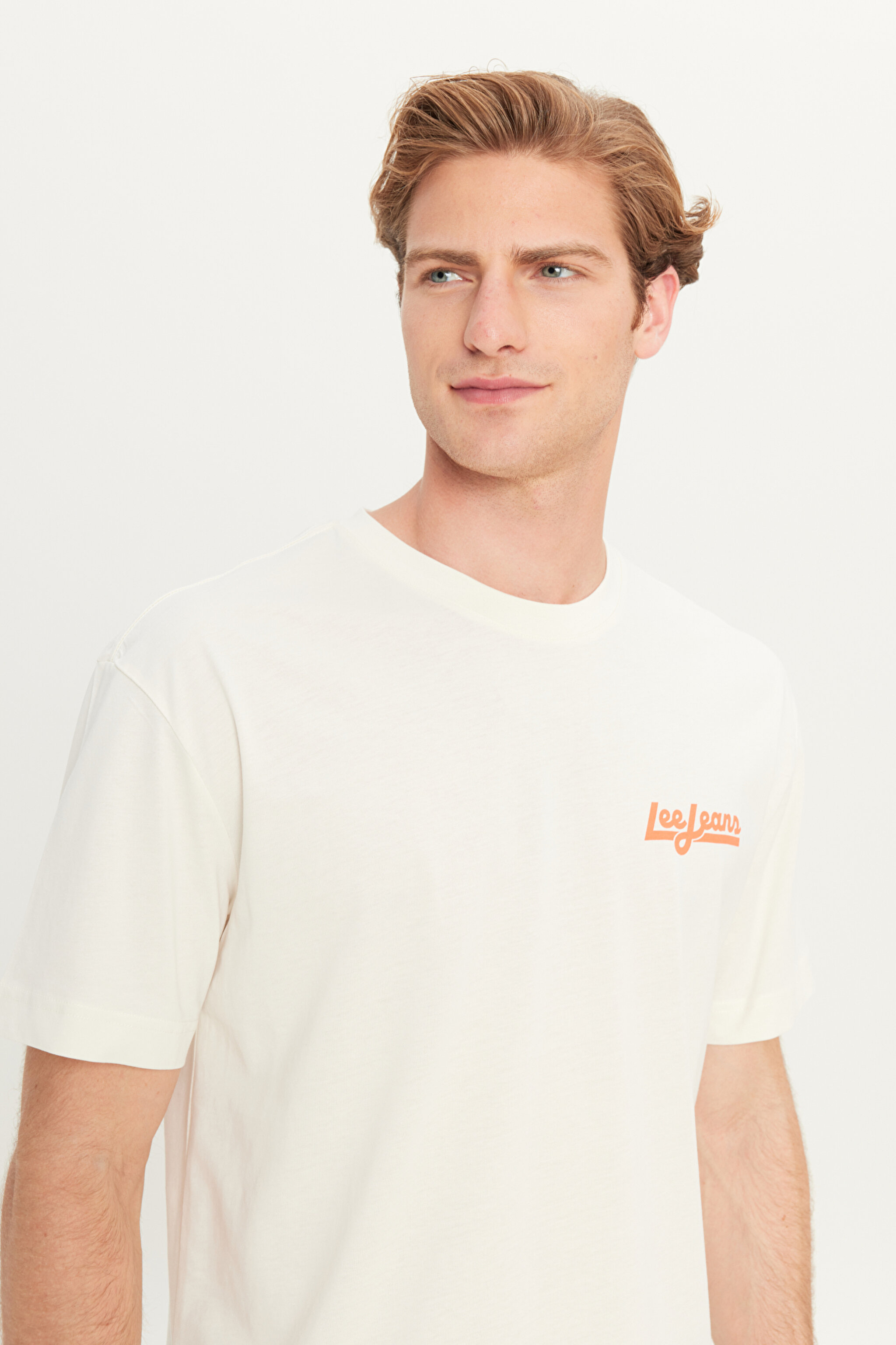 %100 Pamuk Relaxed Fit Geniş Kesim Bisiklet Yaka Basklı Ekru Tişört - Ecru-LM828731543 (görsel 4)