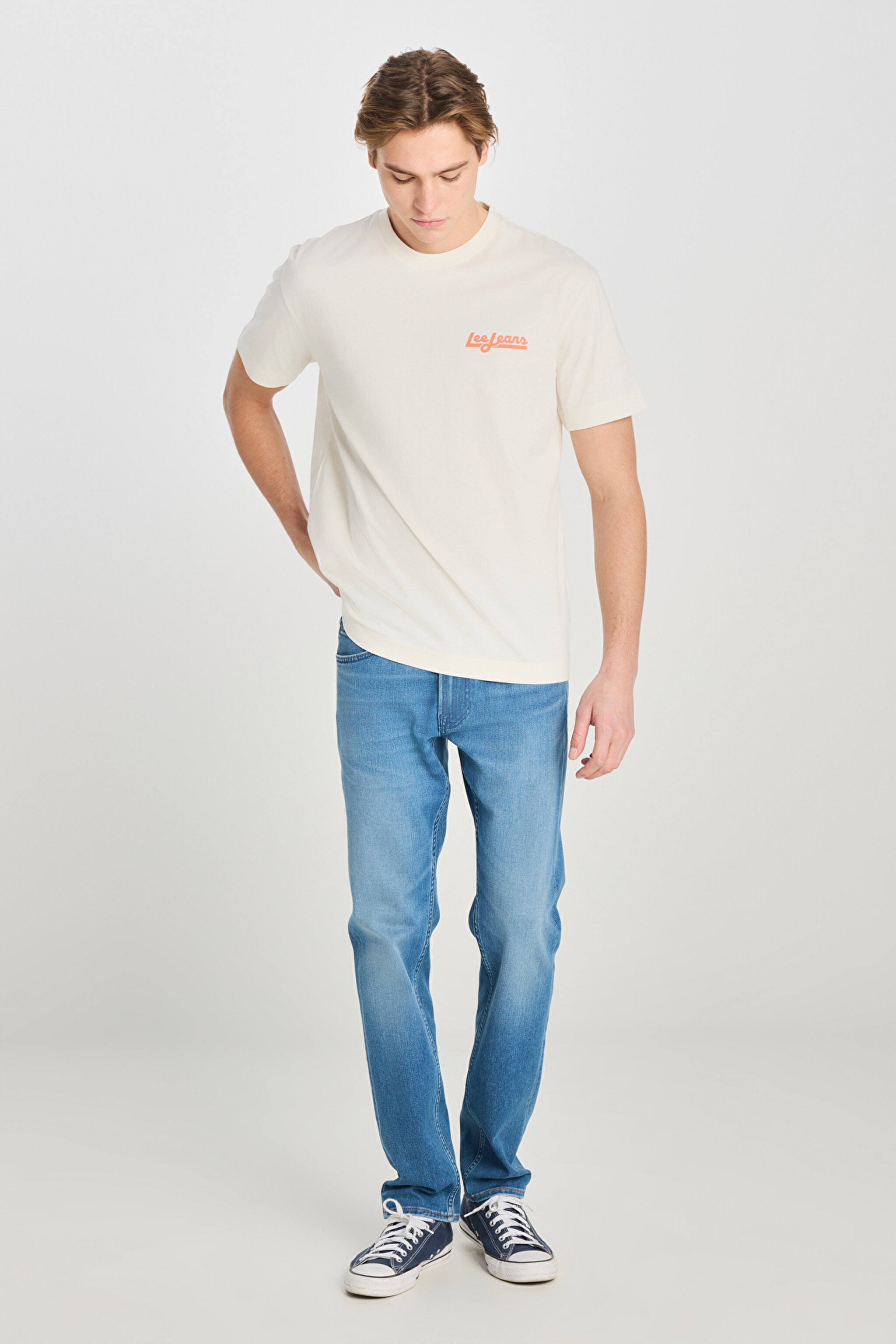 %100 Pamuk Relaxed Fit Geniş Kesim Bisiklet Yaka Baskılı Ekru Tişört - Ecru-LM828731923 (görsel 2)