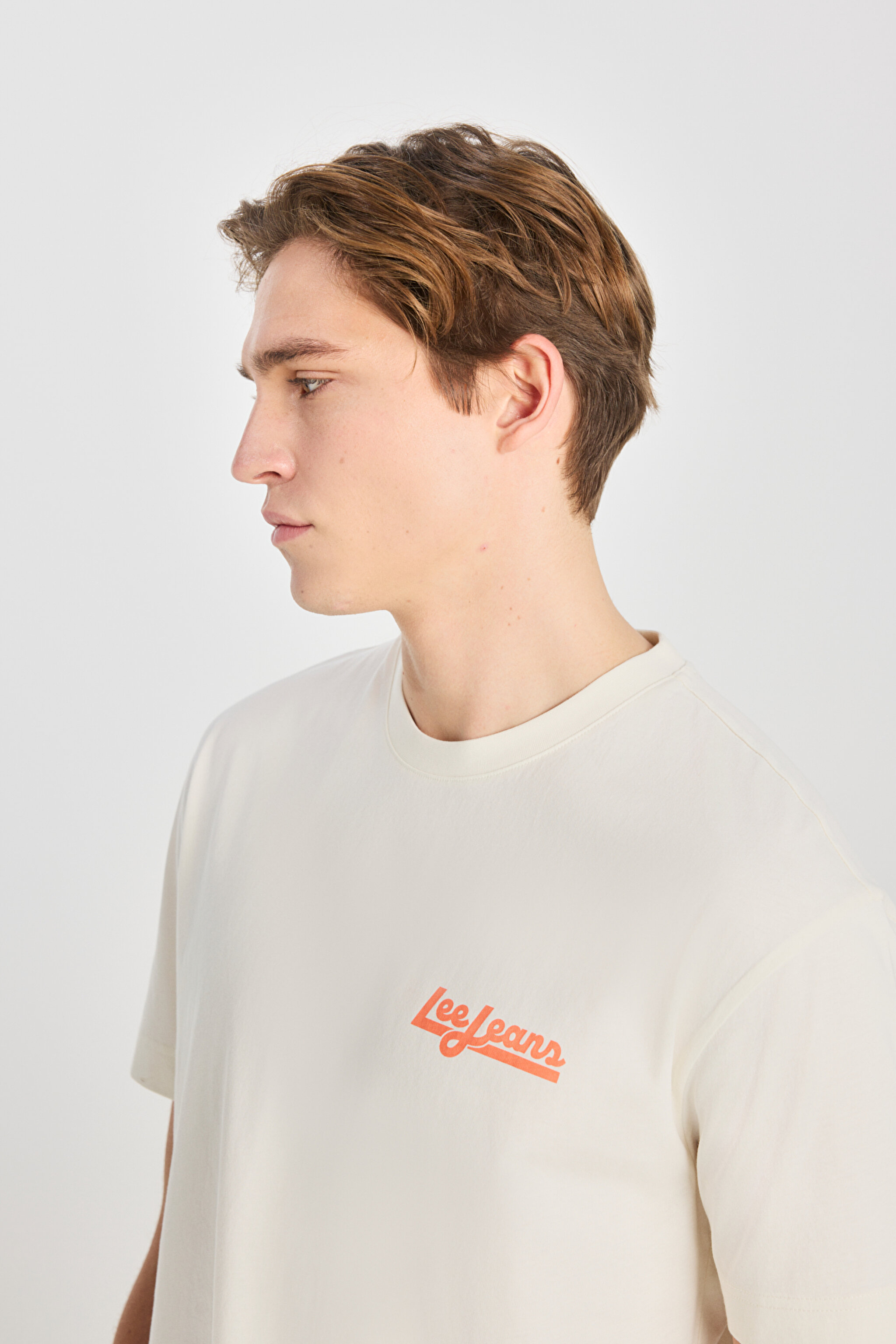 %100 Pamuk Relaxed Fit Geniş Kesim Bisiklet Yaka Baskılı Ekru Tişört - Ecru-LM828731923 (görsel 4)