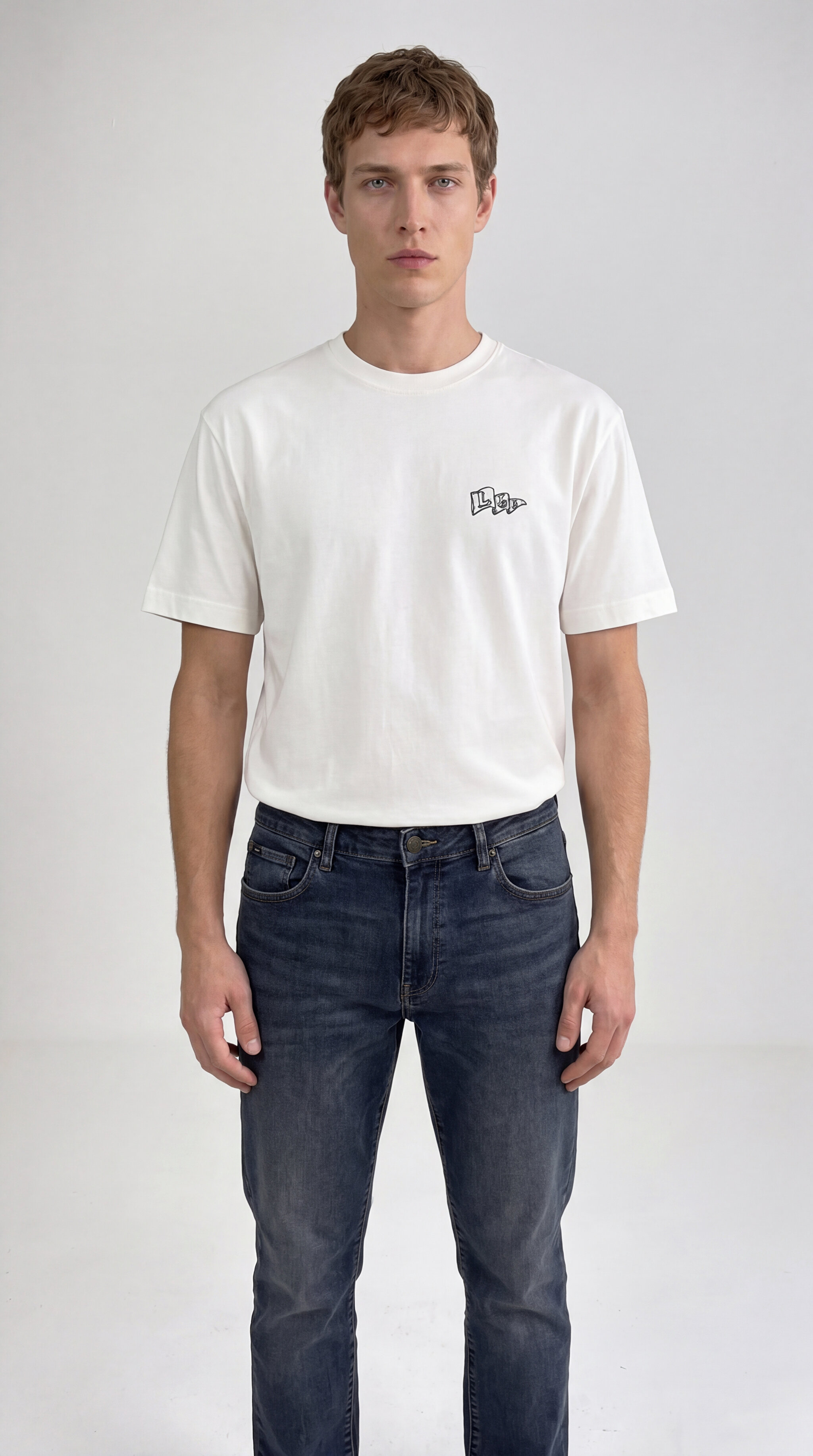 %100 Pamuk Relaxed Rahat Kesim Bisiklet Yaka Logo Detaylı Tişört - Off White-LN388680102 (görsel 4)