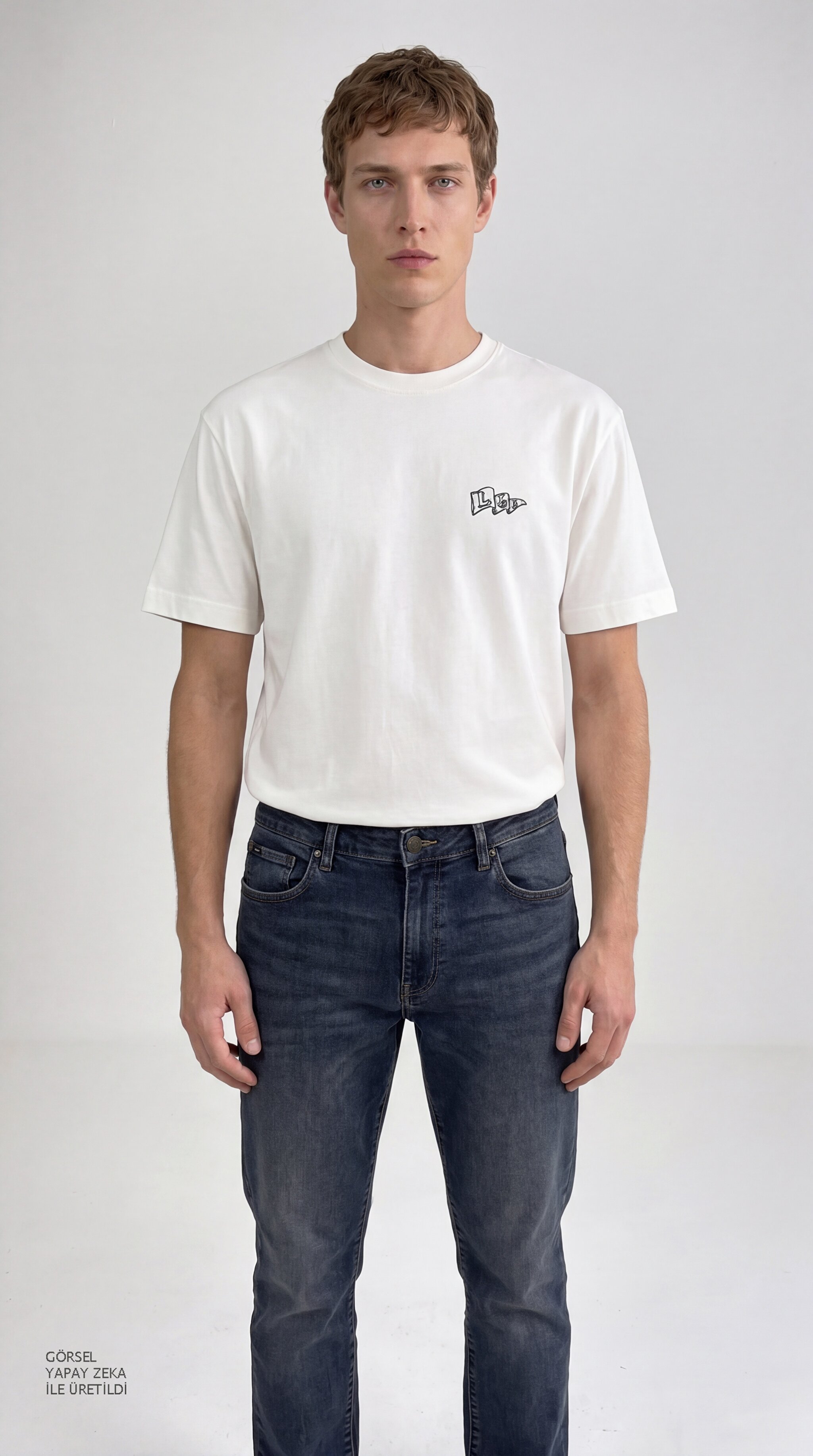 %100 Pamuk Relaxed Rahat Kesim Bisiklet Yaka Logo Detaylı Tişört - Off White-LN388680102