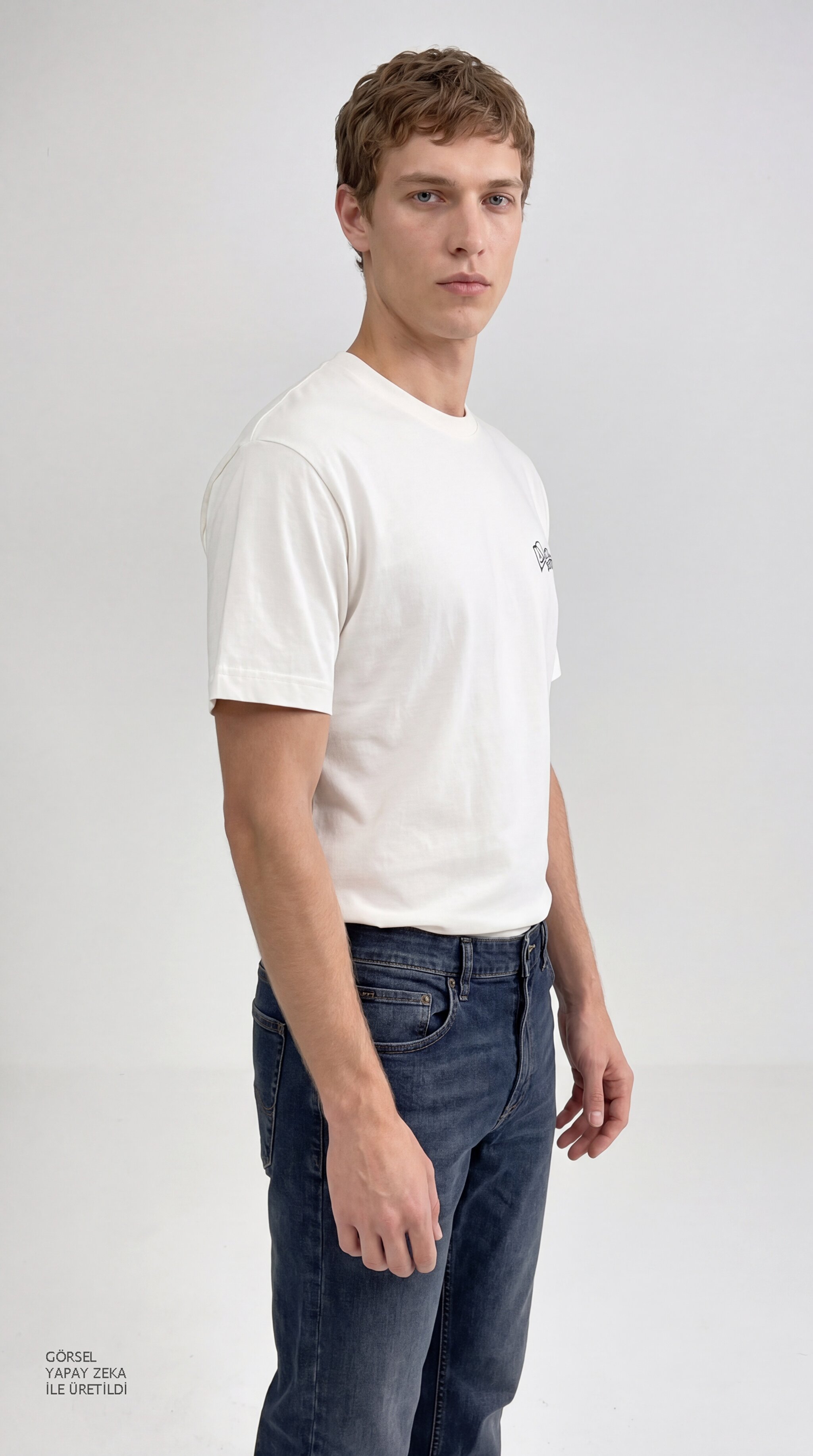 %100 Pamuk Relaxed Rahat Kesim Bisiklet Yaka Logo Detaylı Tişört - Off White-LN388680102 (görsel 2)
