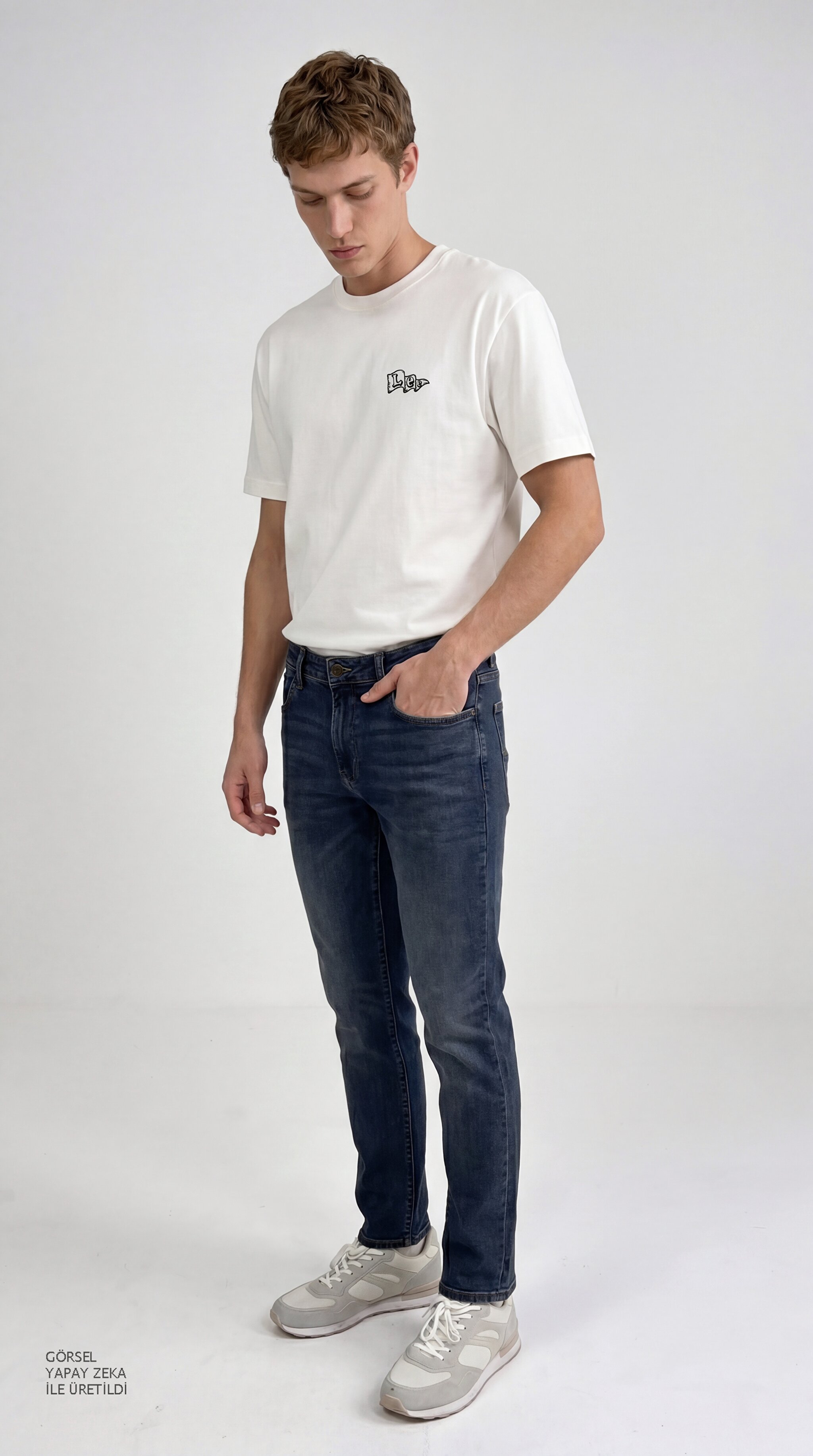 %100 Pamuk Relaxed Rahat Kesim Bisiklet Yaka Logo Detaylı Tişört - Off White-LN388680102 (görsel 3)