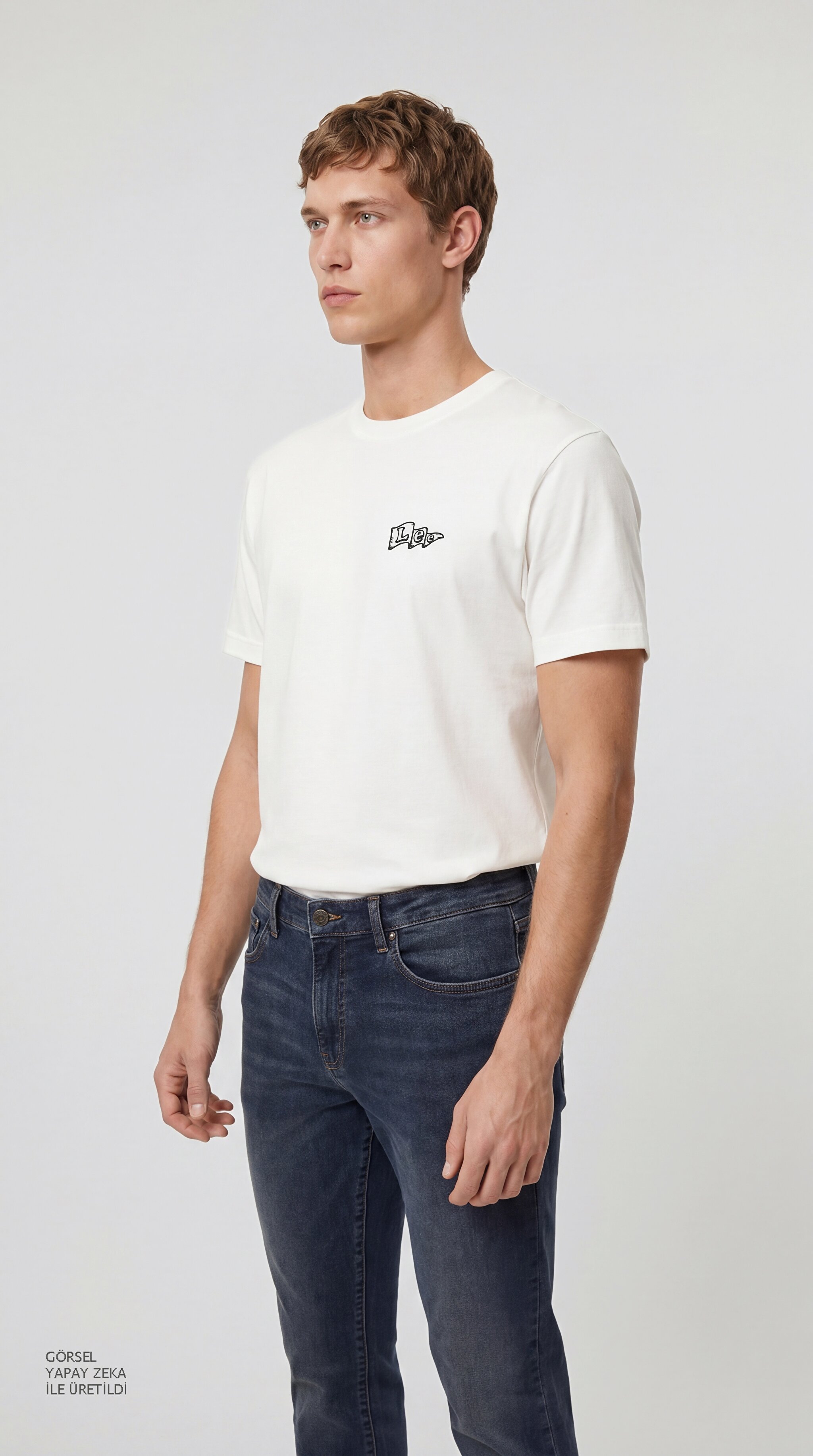 %100 Pamuk Relaxed Rahat Kesim Bisiklet Yaka Logo Detaylı Tişört - Off White-LN388680102 (görsel 4)