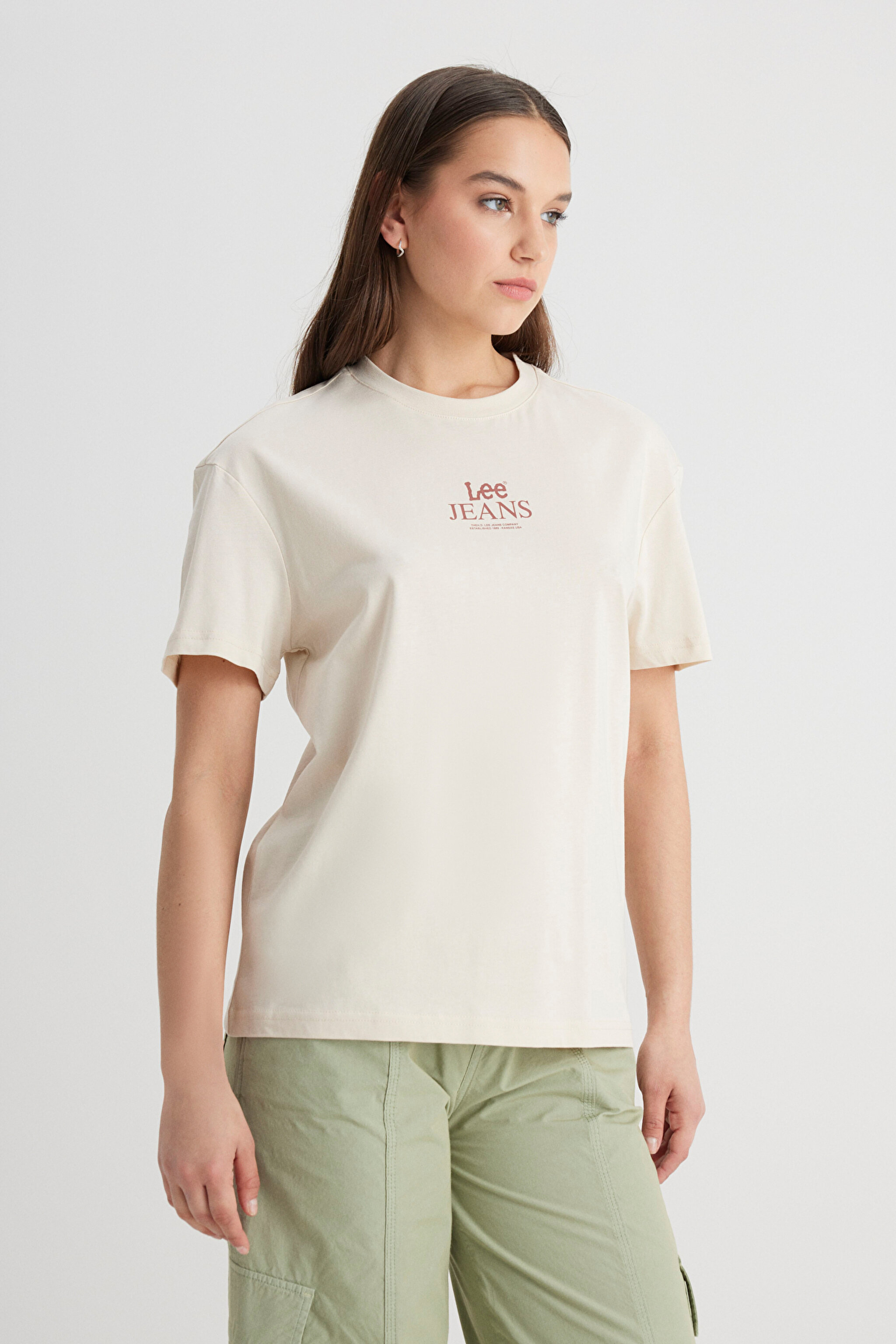 Relaxed Fit Geniş Kesim Bisiklet Yaka %100 Pamuk Bej Tişört