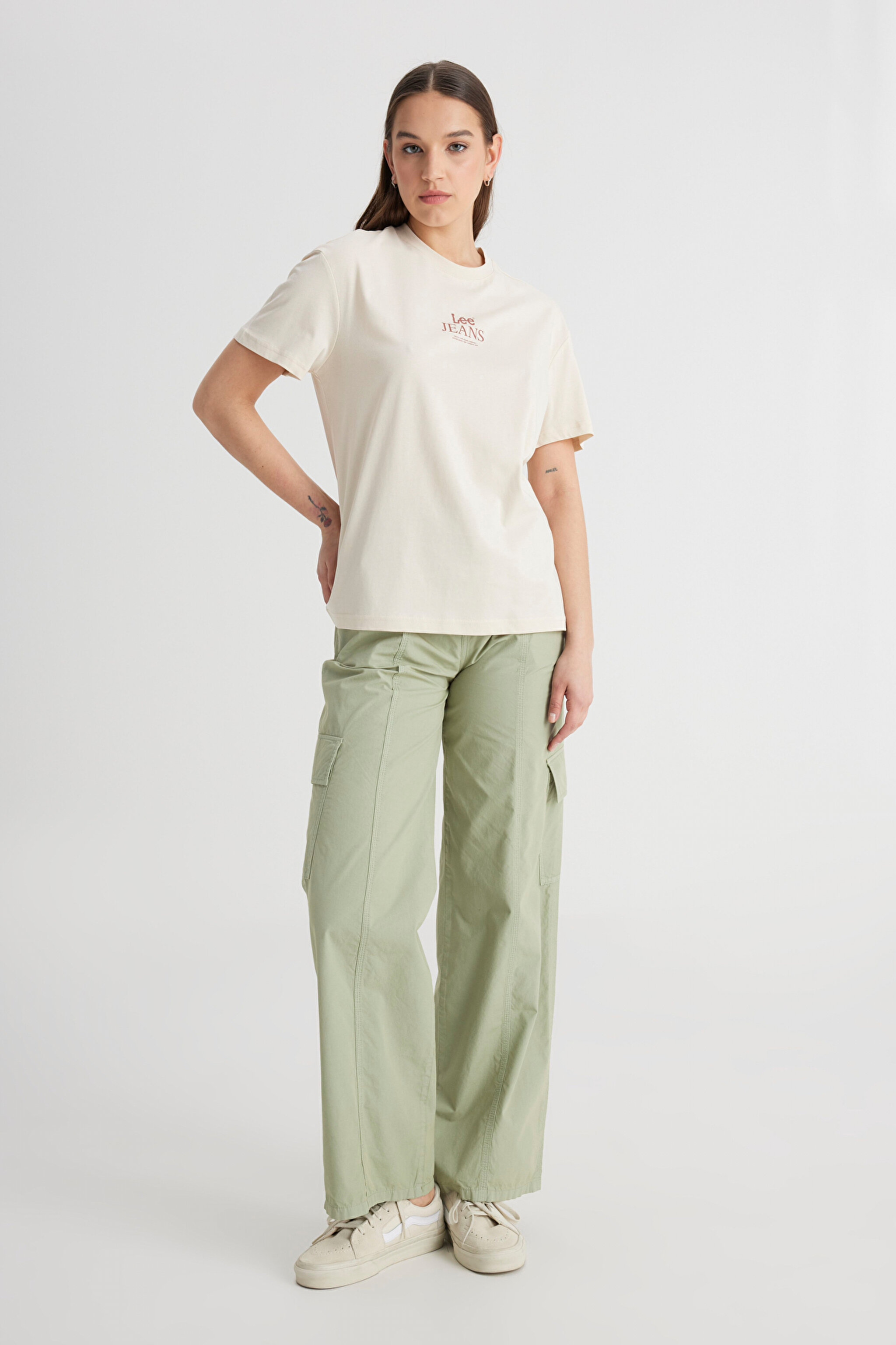 Relaxed Fit Geniş Kesim Bisiklet Yaka %100 Pamuk Bej Tişört - Soy Bean-LQ68EHA92 (görsel 3)
