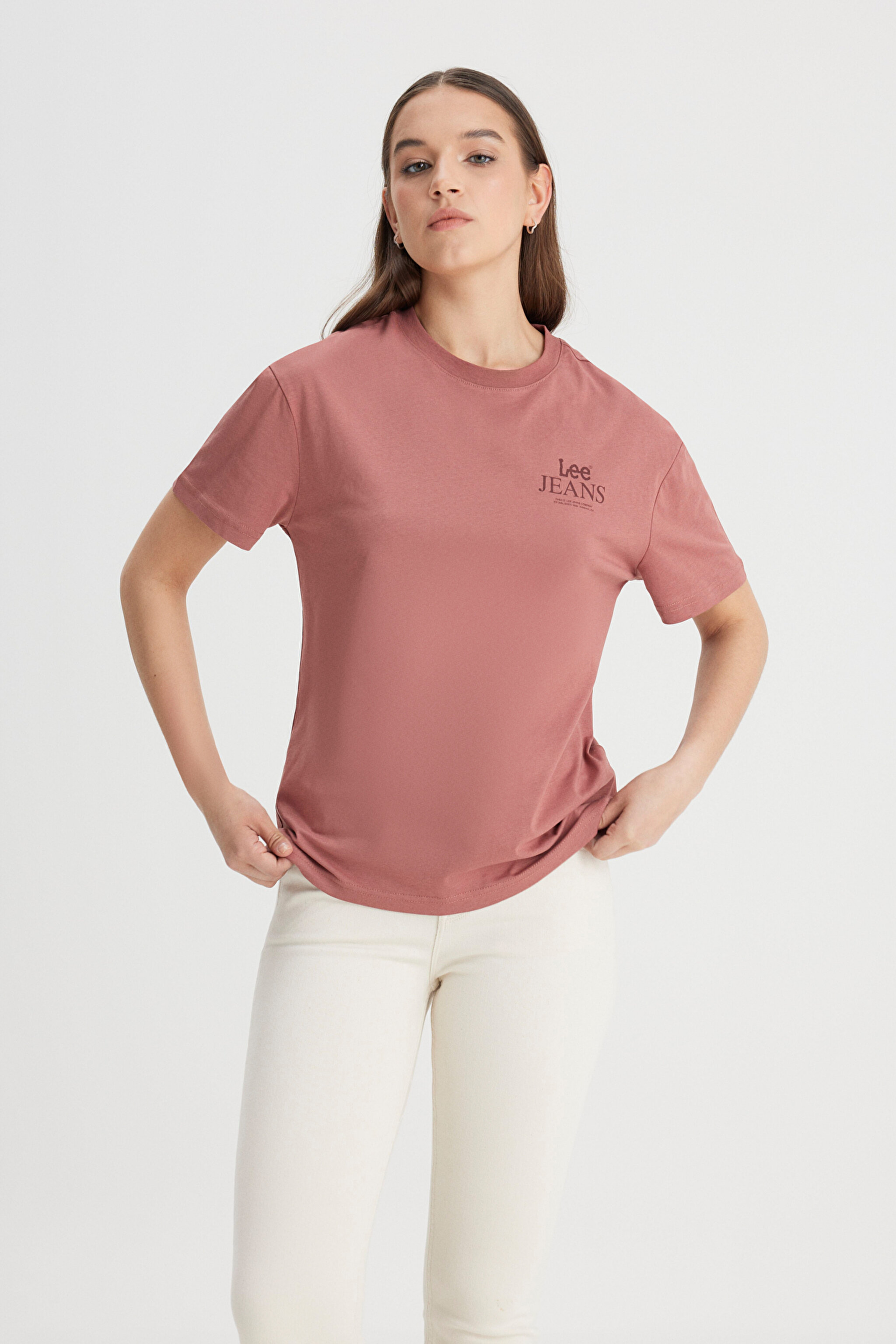 Relaxed Fit Geniş Kesim Bisiklet Yaka %100 Pamuk Kiremit Rengi Tişört - Kc Khaki-LQ68EHA95 (görsel 2)