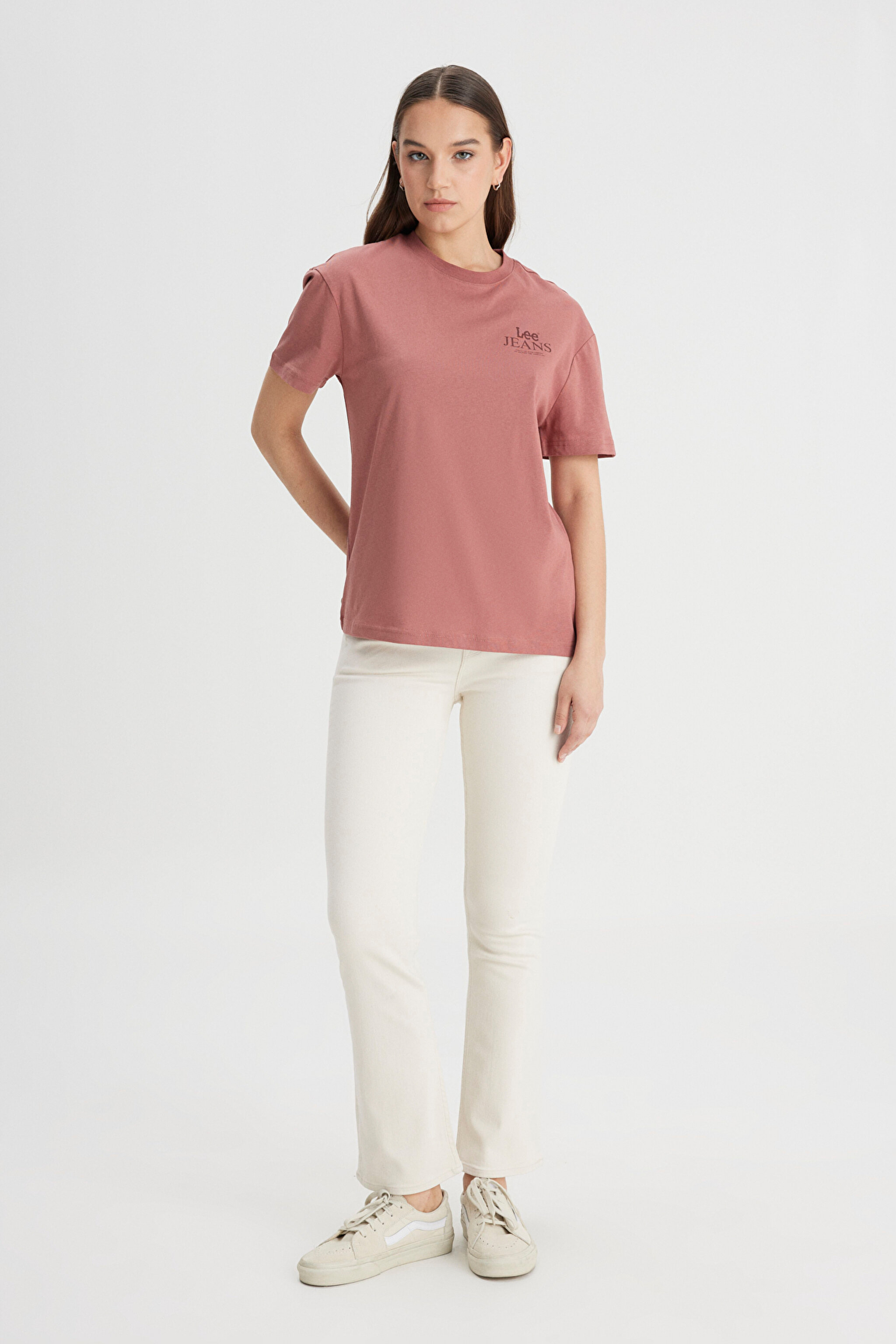 Relaxed Fit Geniş Kesim Bisiklet Yaka %100 Pamuk Kiremit Rengi Tişört - Kc Khaki-LQ68EHA95 (görsel 3)