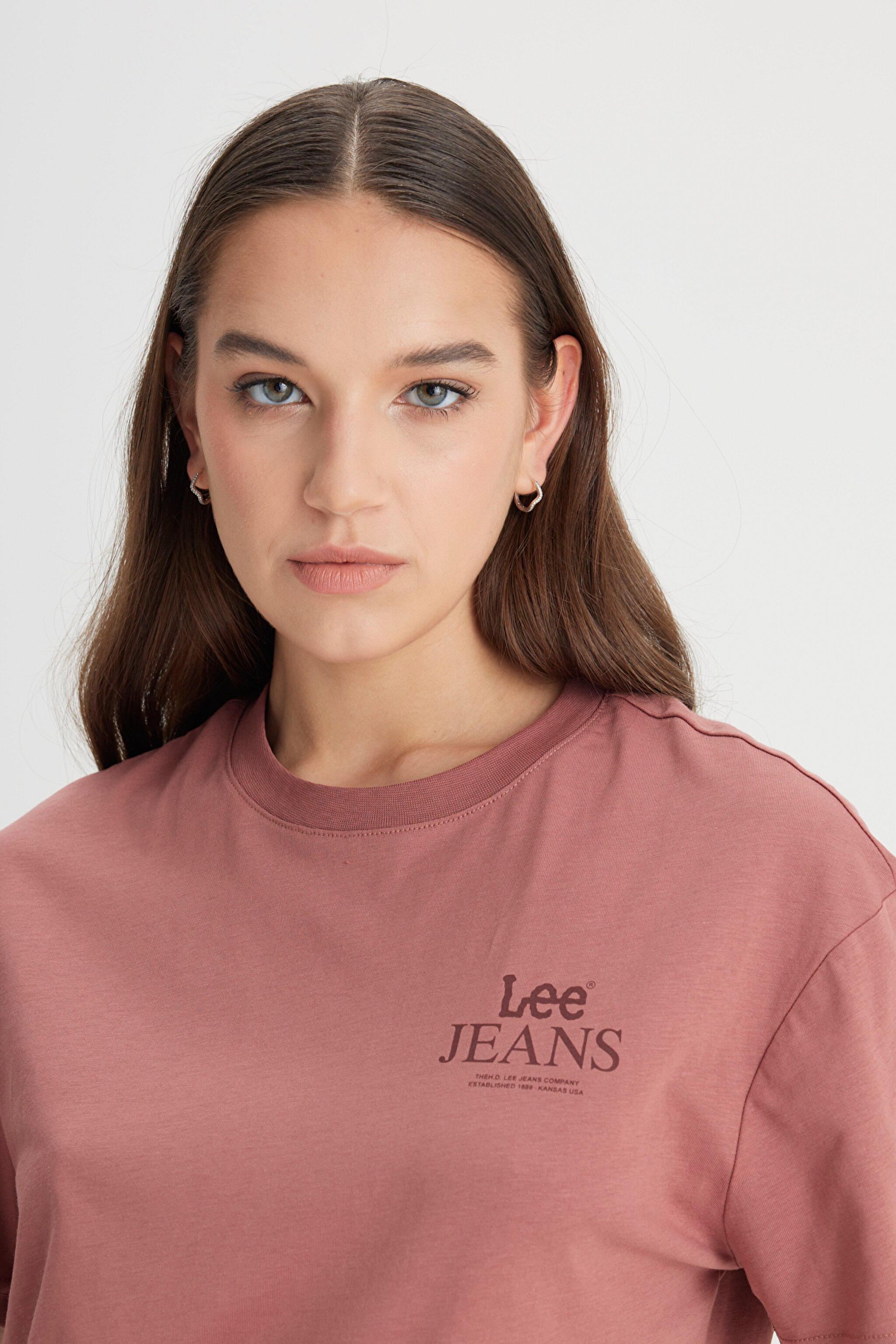 Relaxed Fit Geniş Kesim Bisiklet Yaka %100 Pamuk Kiremit Rengi Tişört - Kc Khaki-LQ68EHA95 (görsel 4)
