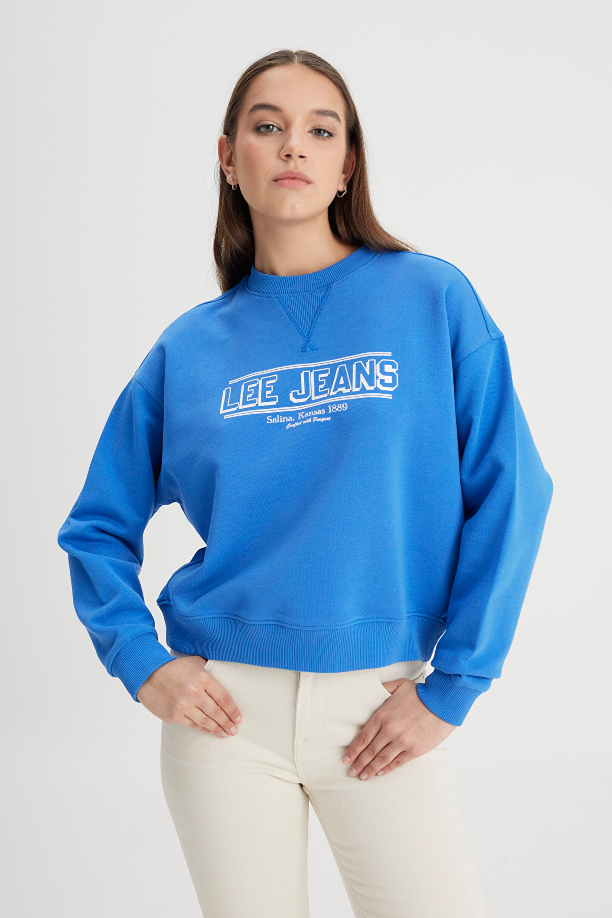 Relaxed Fit Geniş Kesim Bisiklet Yaka Mavi Sweatshirt - Blue-LQ96200475400 (görsel 2)