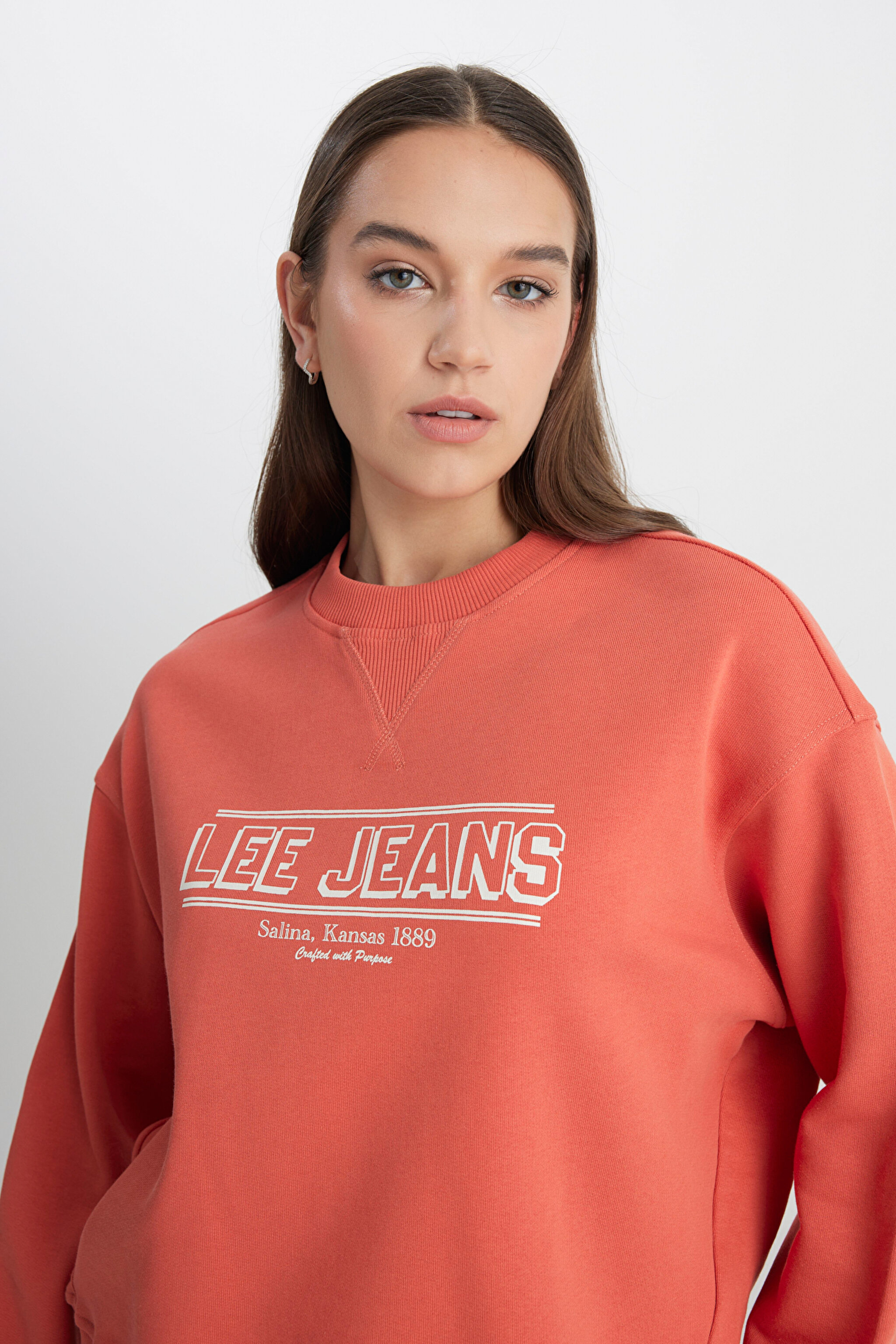Relaxed Fit Geniş Kesim Bisiklet Yaka Turuncu Sweatshirt - Poppy-LQ96200475B50 (görsel 2)