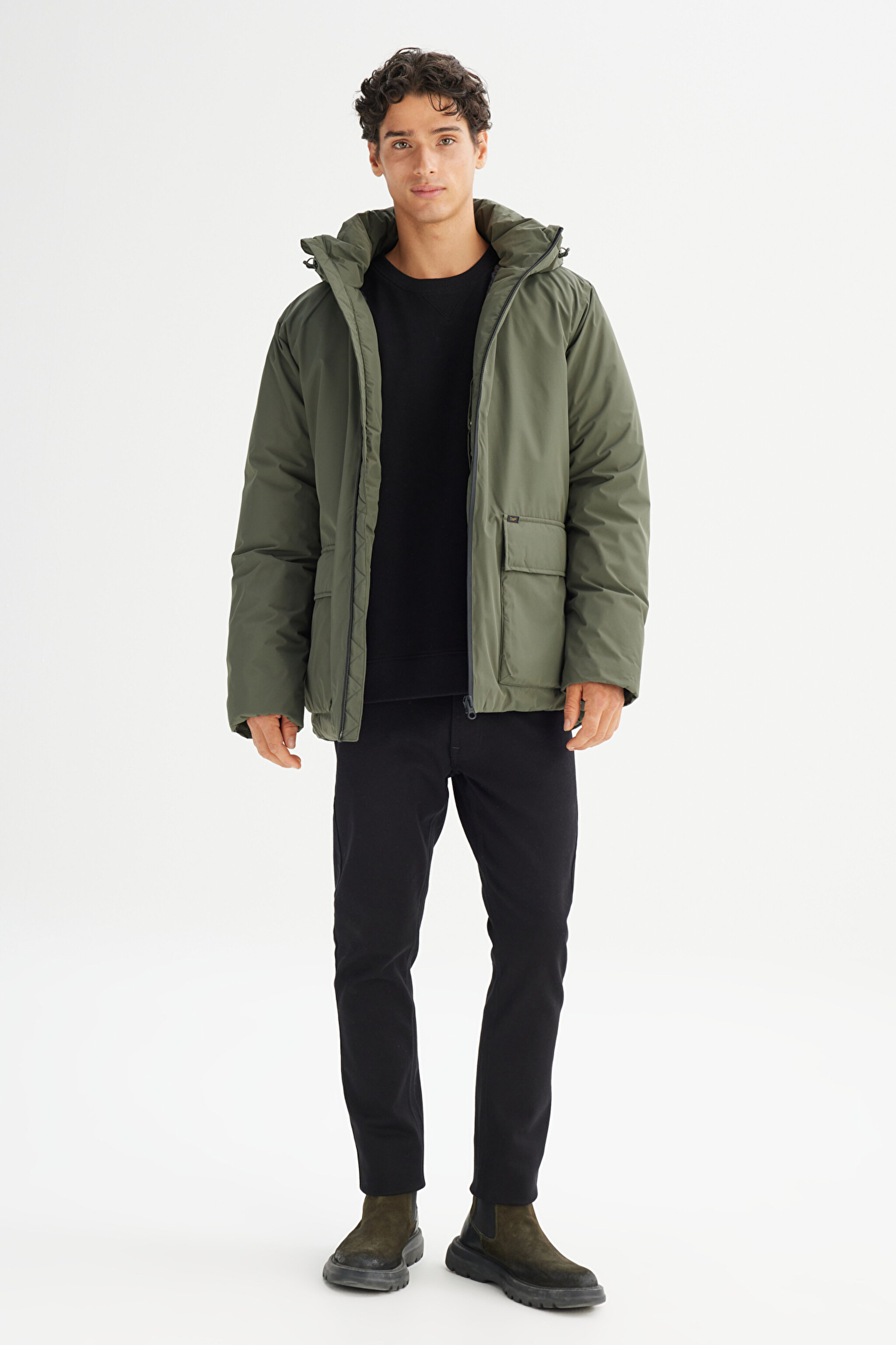 Regular Fit Normal Kesim Kapüşonlu Cepli Puffer Şişme Mont - Olive Gray-LR317064901 (görsel 2)