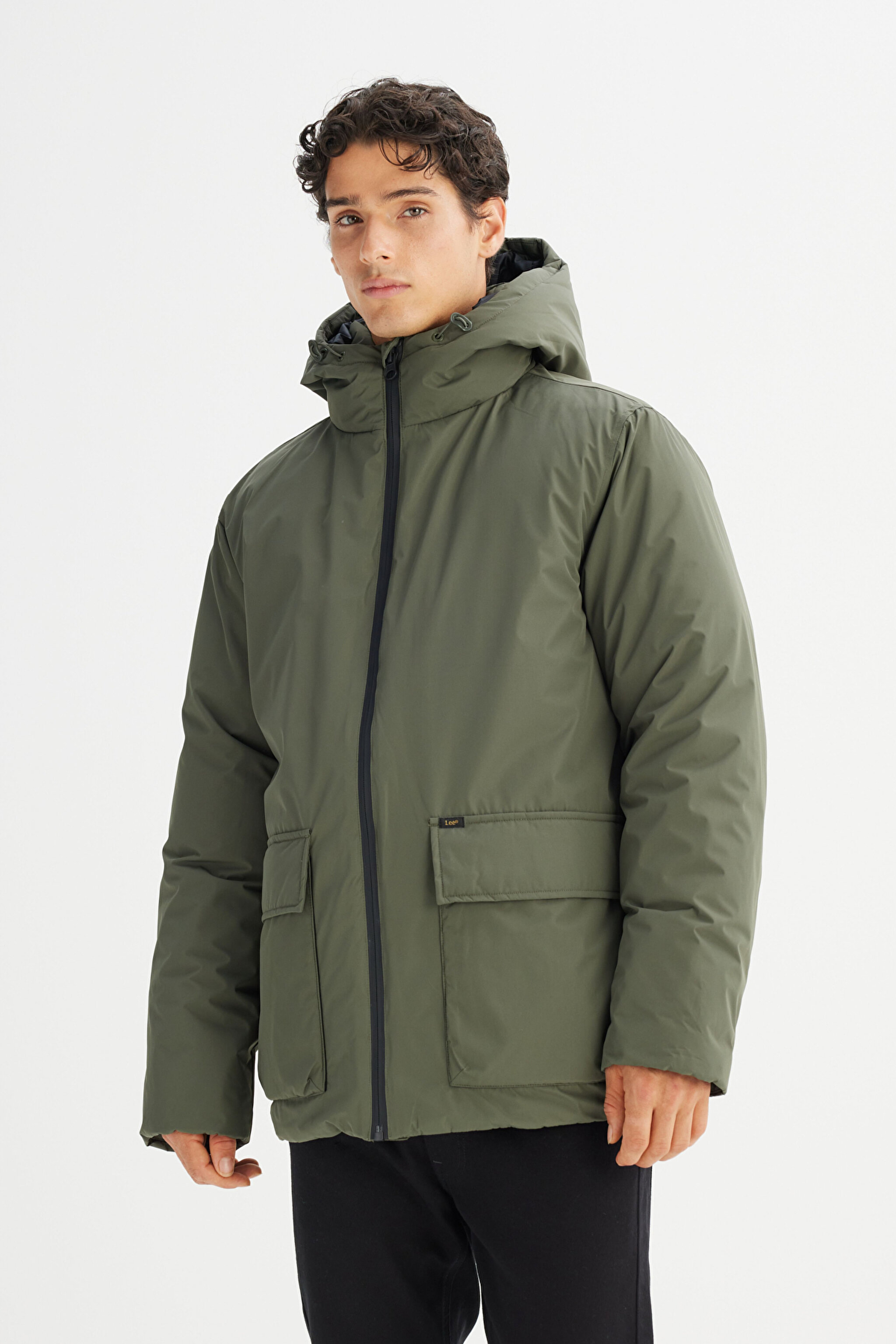 Regular Fit Normal Kesim Kapüşonlu Cepli Puffer Şişme Mont - Olive Gray-LR317064901 (görsel 3)