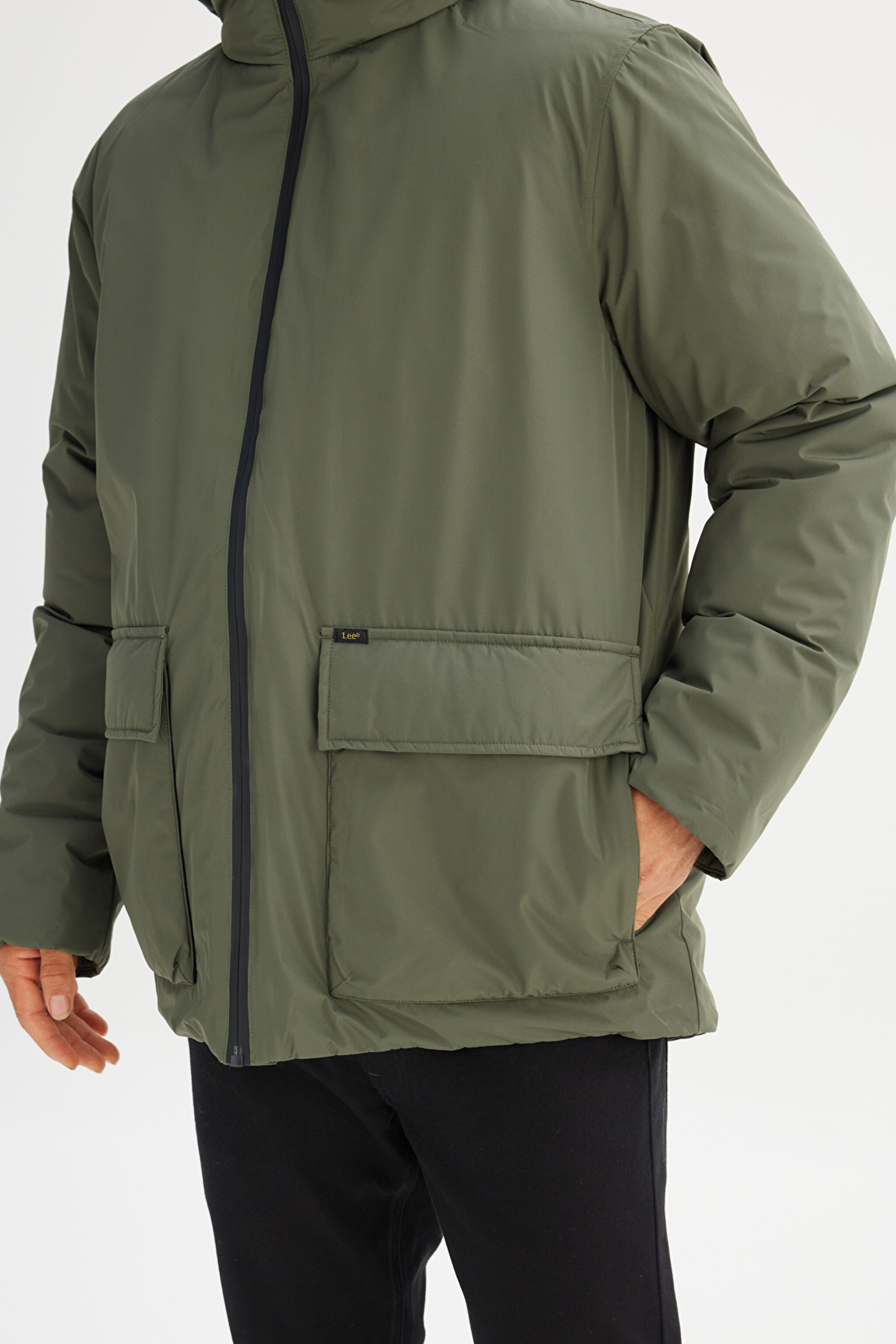 Regular Fit Normal Kesim Kapüşonlu Cepli Puffer Şişme Mont - Olive Gray-LR317064901 (görsel 5)
