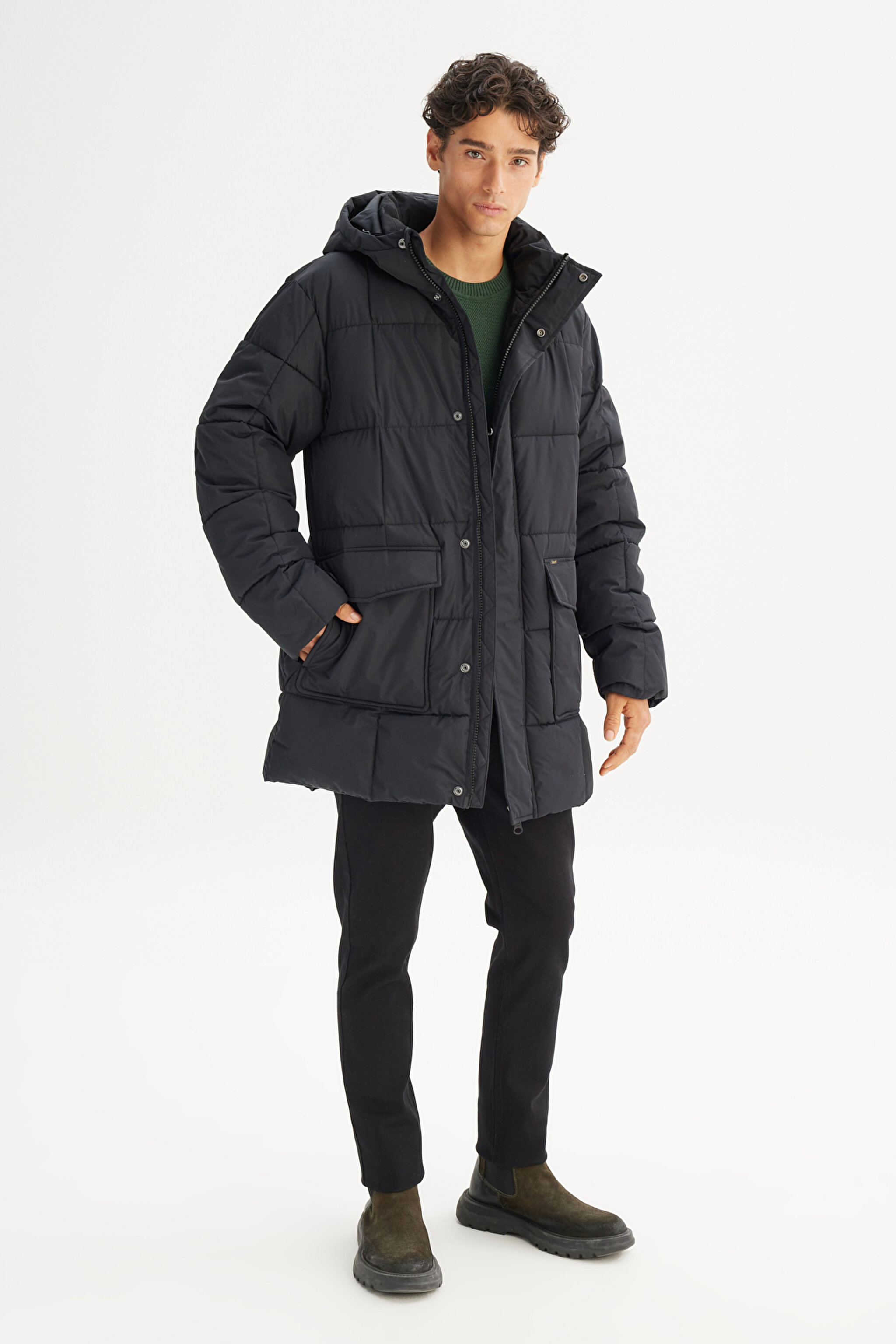 Regular Fit Normal Kesim Kapüşonlu Kapitone Desenli Cepli Mont - Black-LR397064656 (görsel 3)